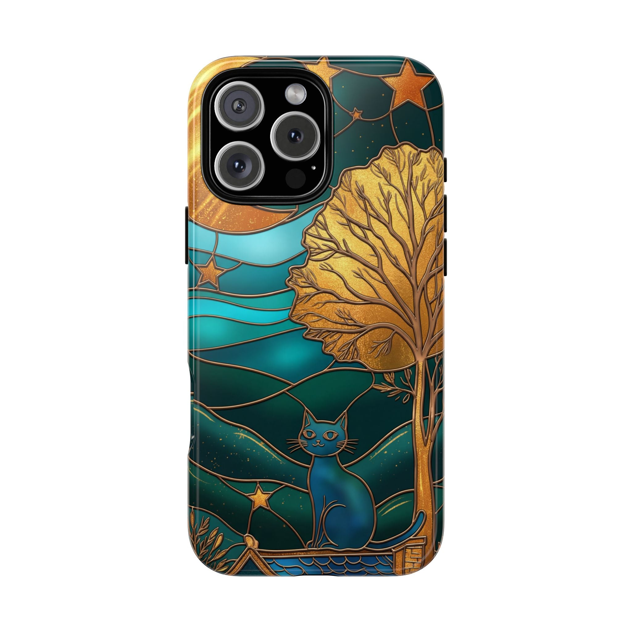 Stained Glass Cat Tough iPhone Case — Gold Tree & Starry Night Design