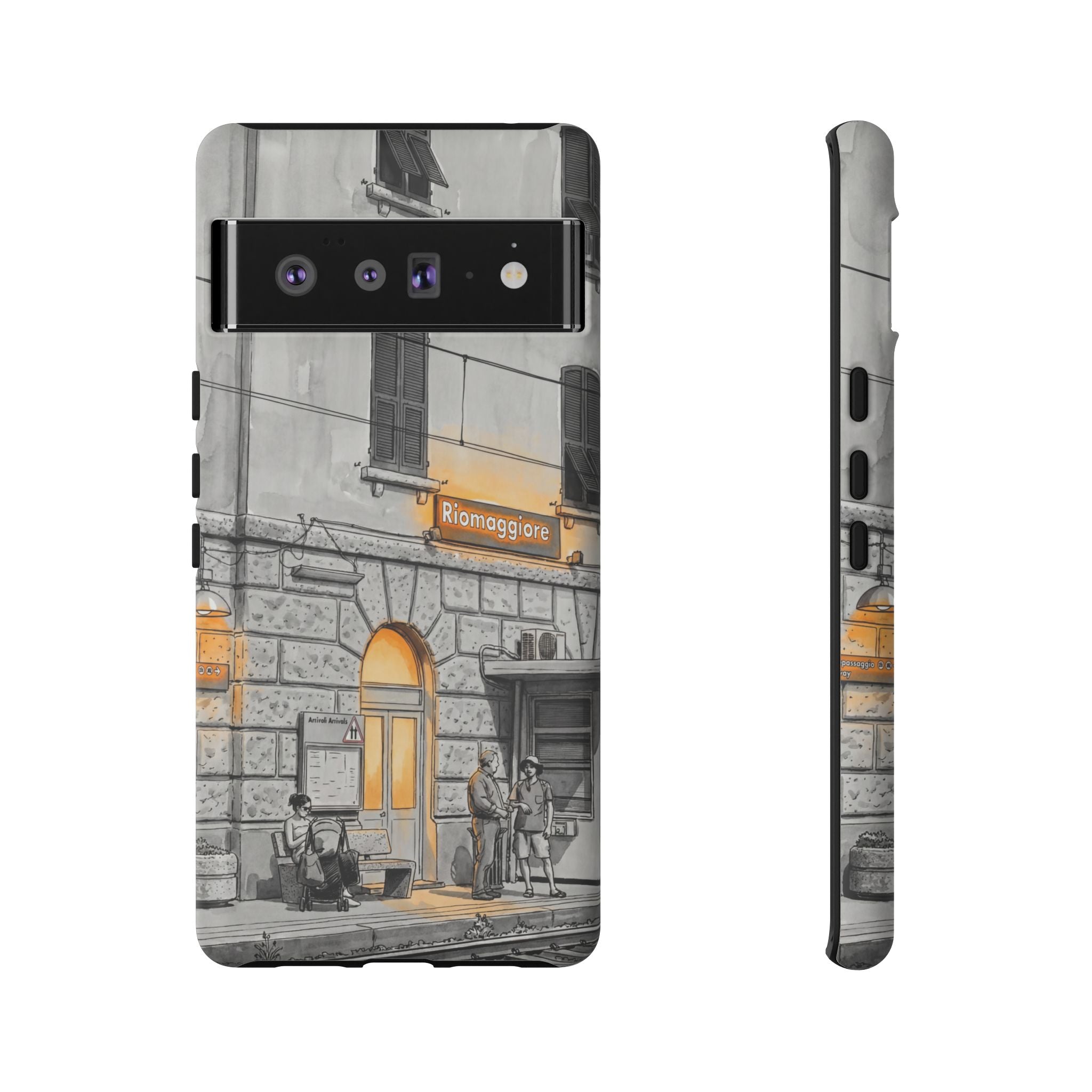 Cinque Terre Train Station Google Pixel Case | Black & White Sketch with Warm Yellow Accents