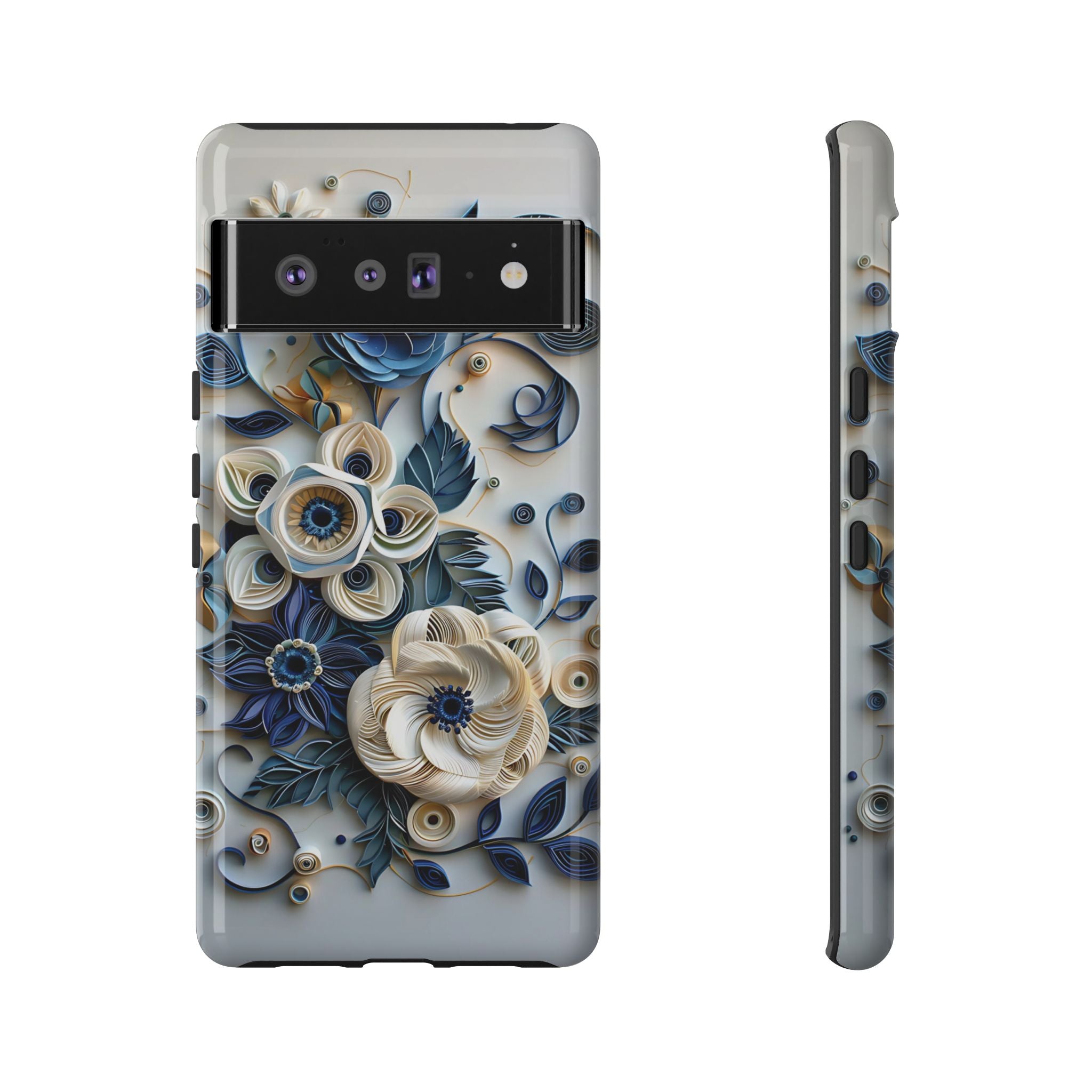 Floral Quilled Art Google Pixel Case — Blue & Cream Decorative Protection