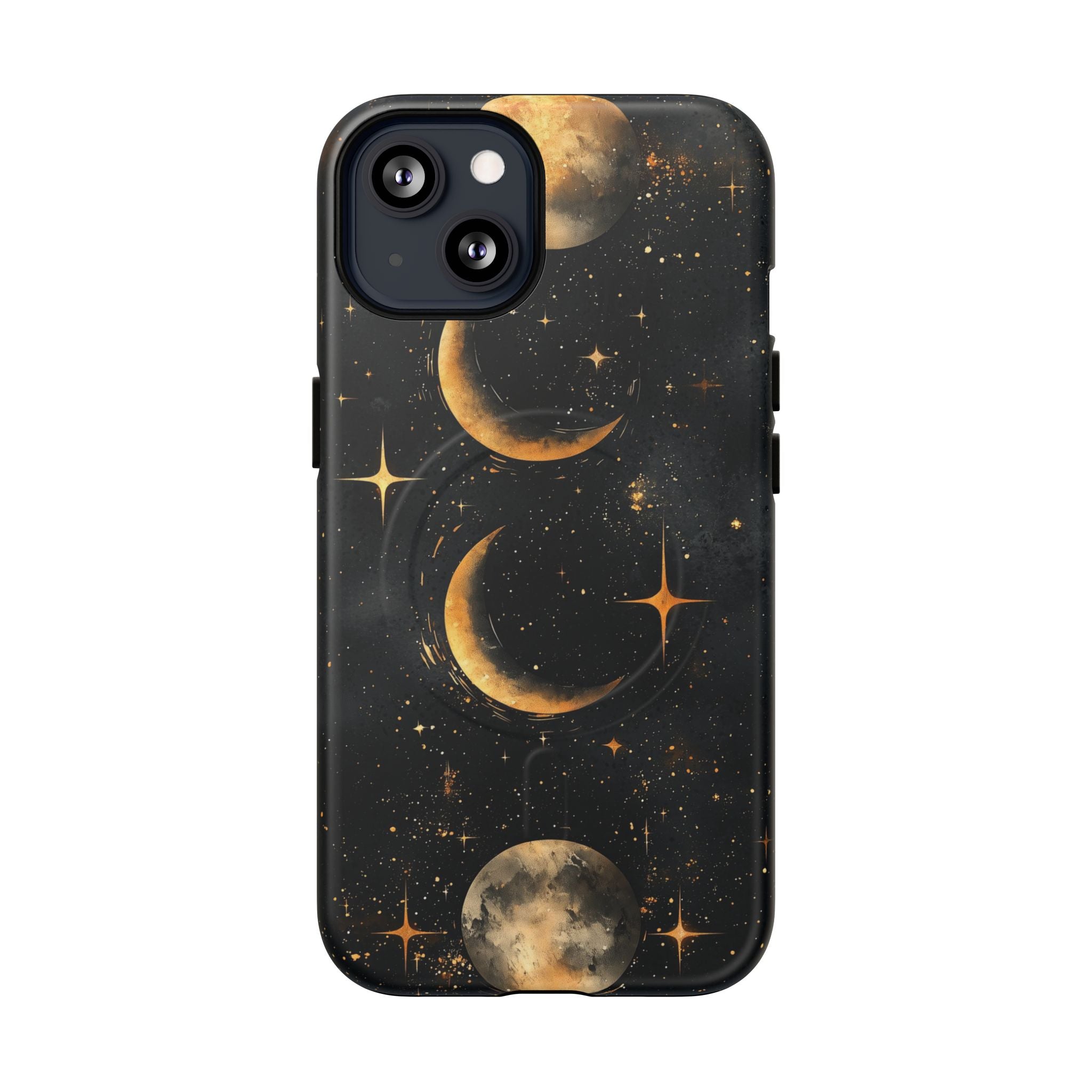 Custodia rigida MagSafe per iPhone con fasi lunari celestiali | Design a forma di galassia con mezzaluna dorata e luna piena