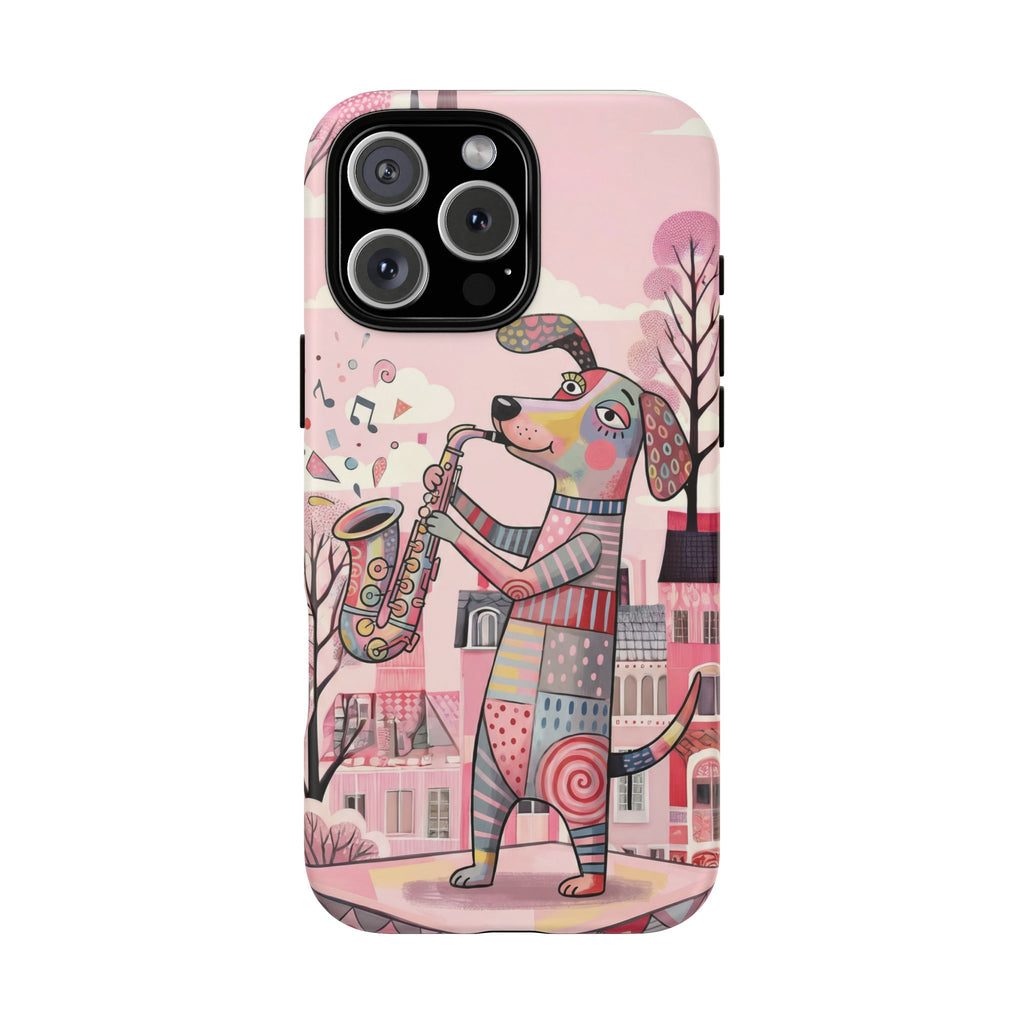 Saxophone Dog iPhone Case | Cute Pink Musical Art Protective Case