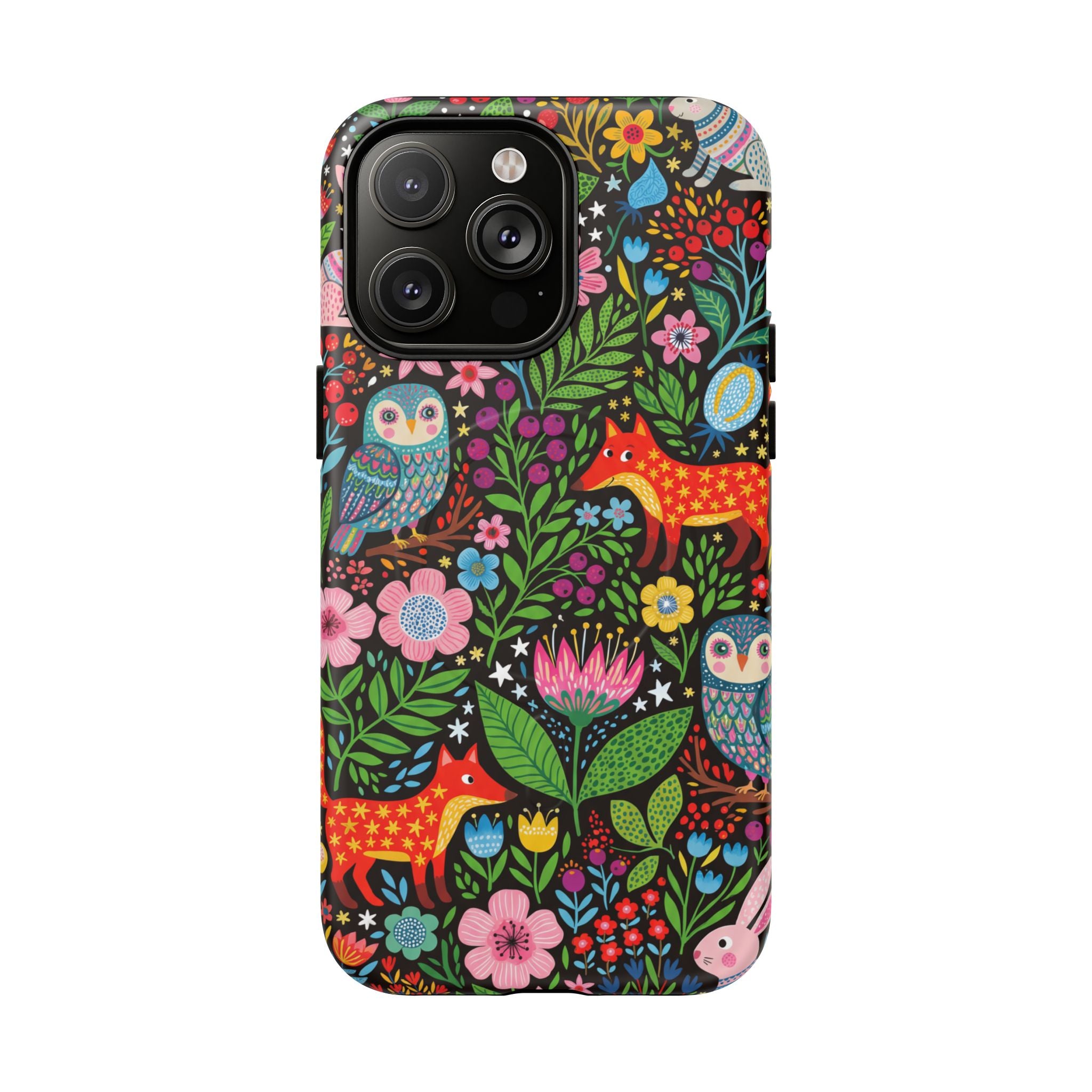 Floral Woodland MagSafe iPhone Case | Colourful Fox & Owl Protective Cover