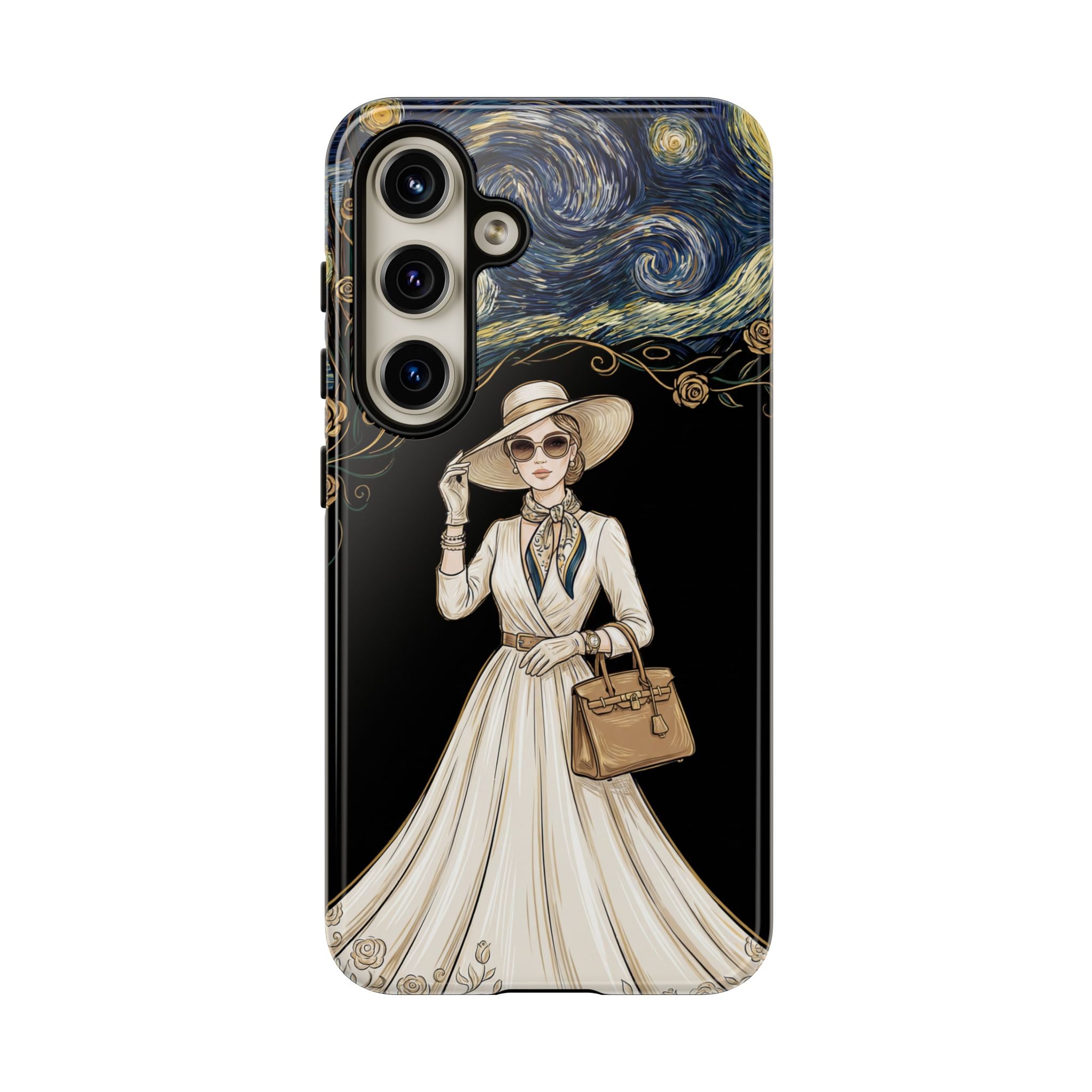 Vintage Starry Night Fashion Samsung Galaxy Phone Case | Elegant Lady in White Dress