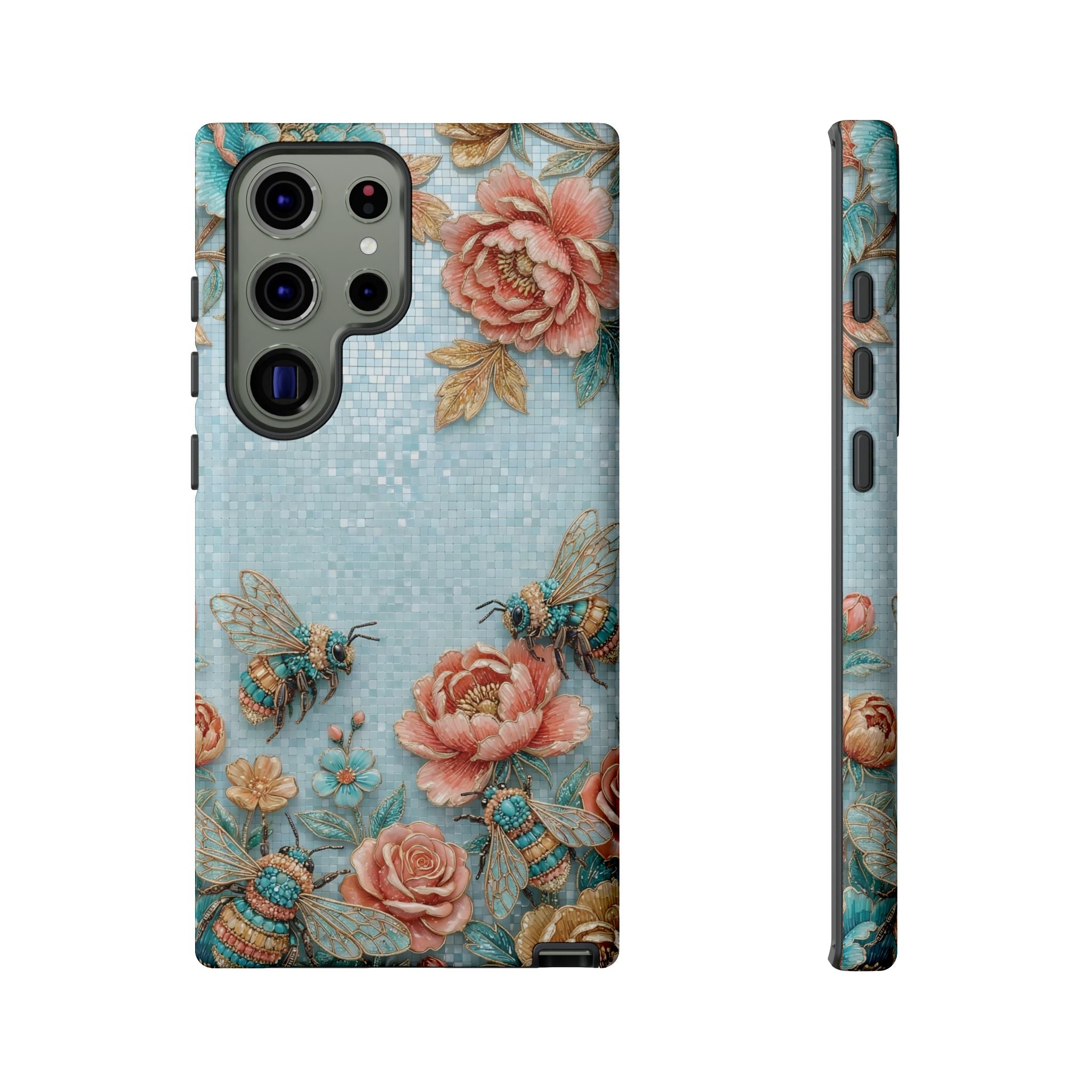 Floral Bees Samsung Galaxy Phone Case | Vintage Rose & Turquoise Protective Cover