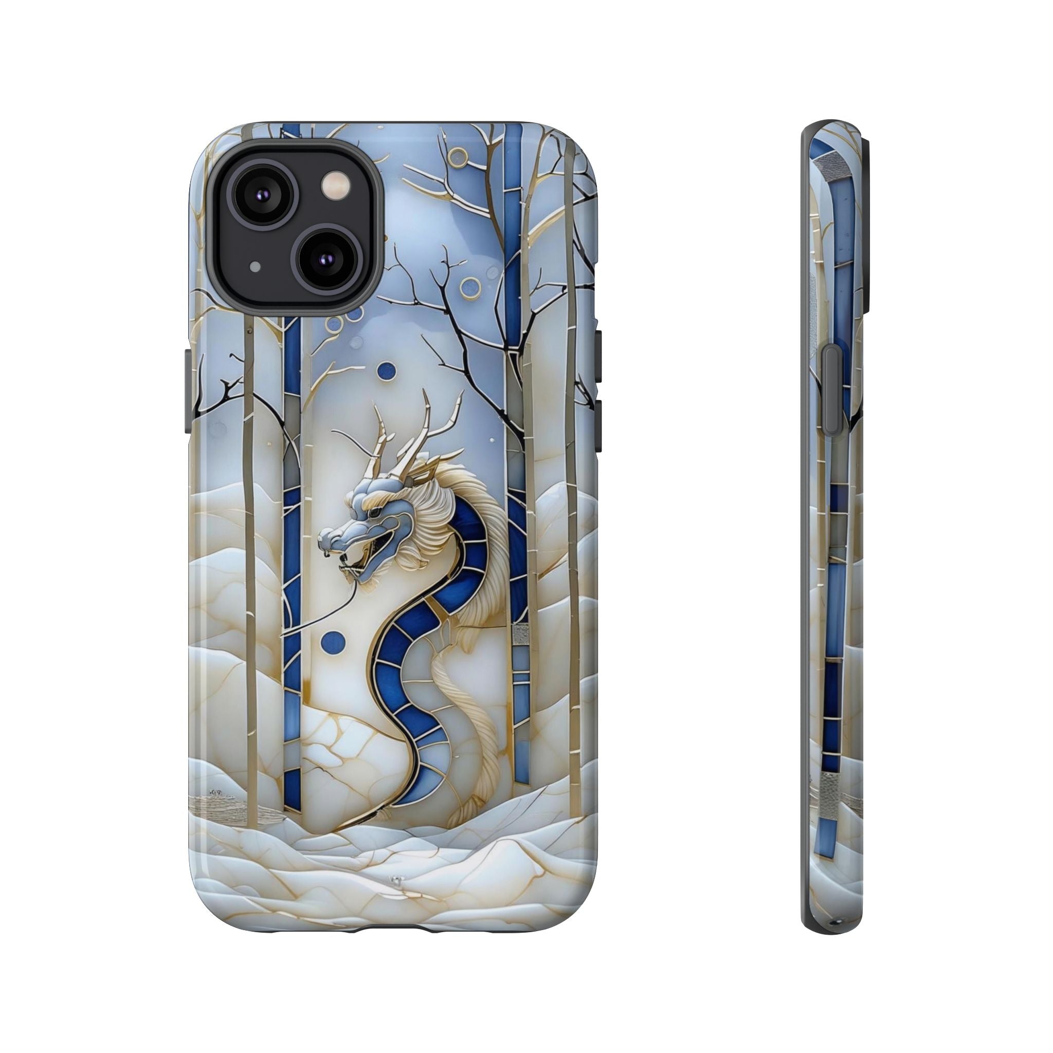 Dragon Stained Glass iPhone Case — Blue Winter Forest Protective Cover
