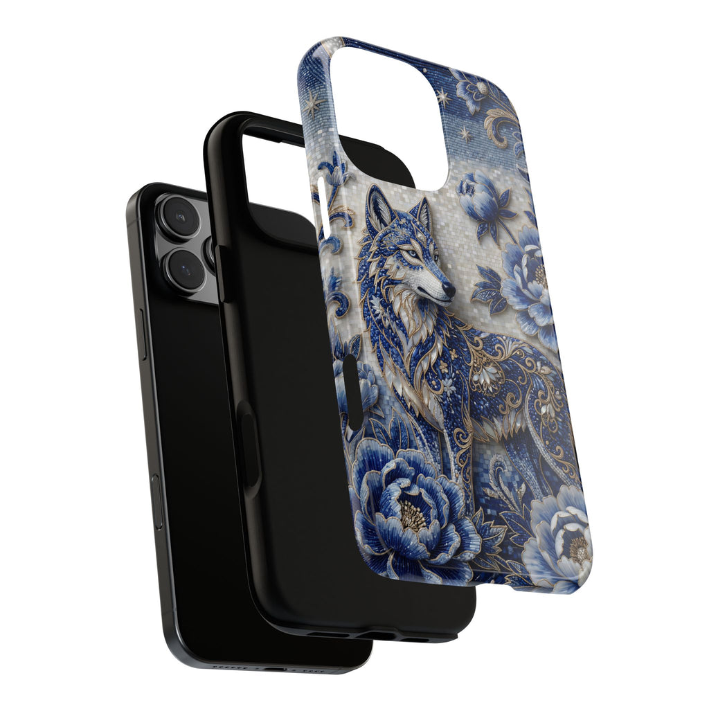 Blue Floral Wolf Tough iPhone Case | Moonlit Wolf Protective Cover