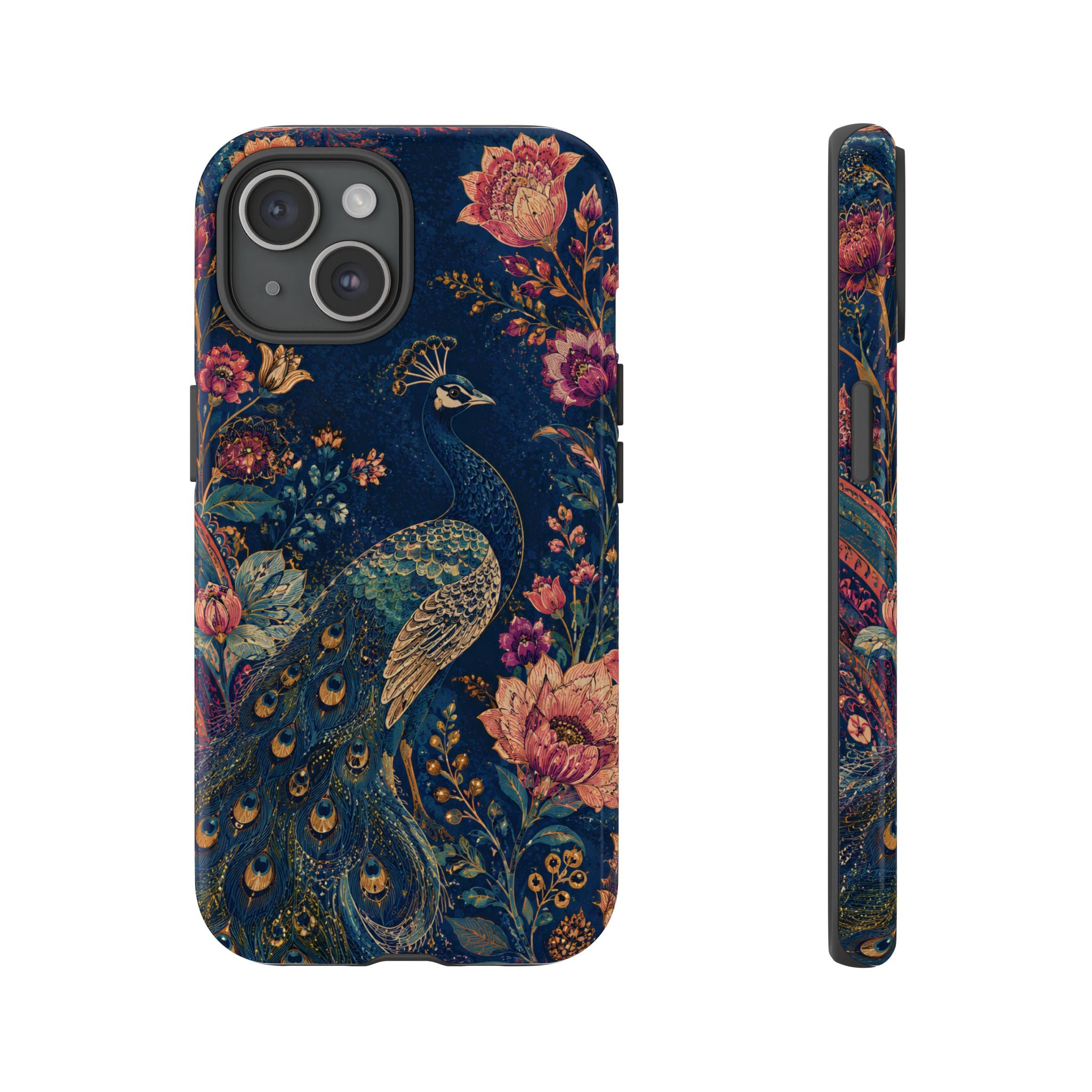 Peacock Floral Tough iPhone Case | Antique Indigo Gold Art Cover