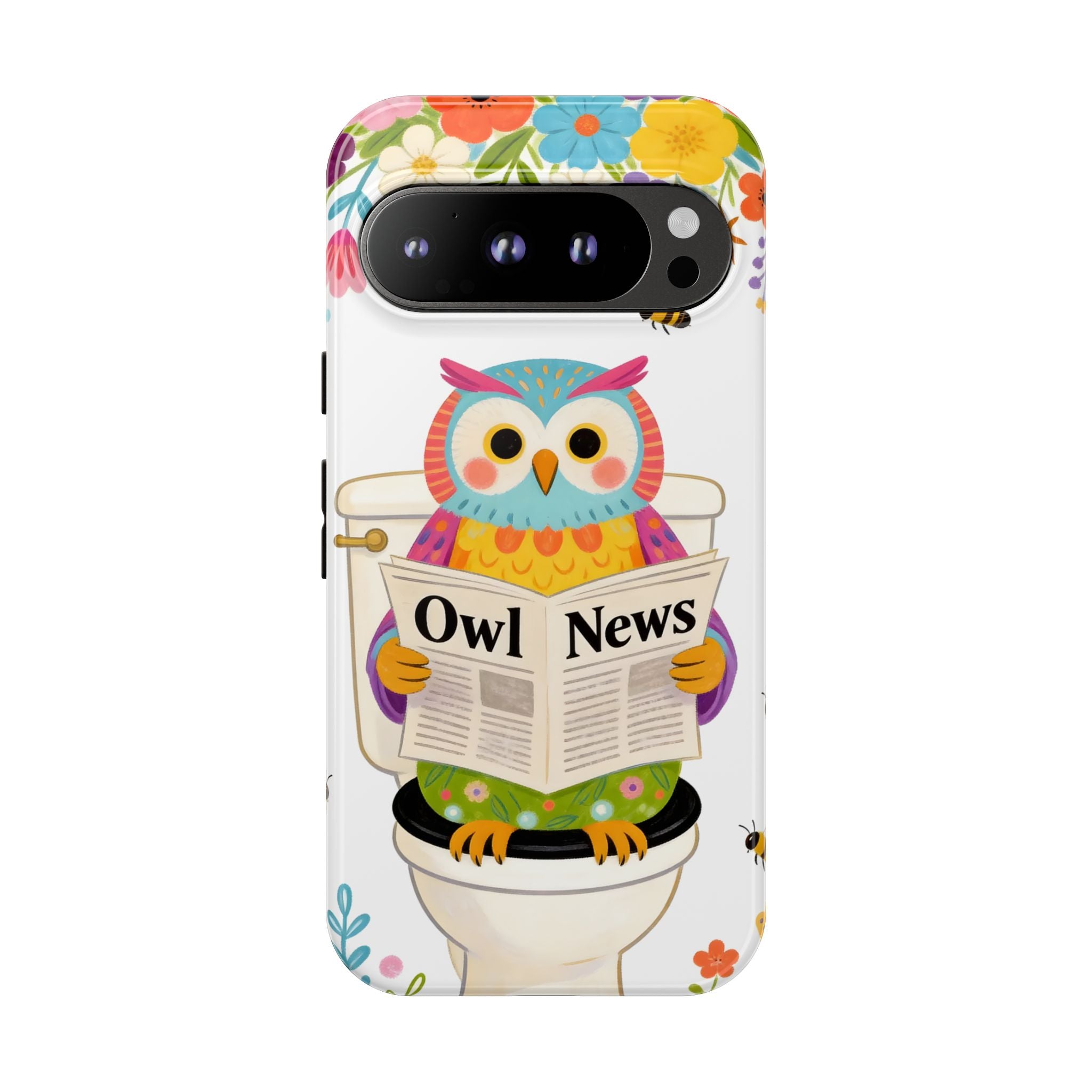 Owl News Floral Google Pixel Phone Case | Cute Owl Reading Newspaper on Toilet