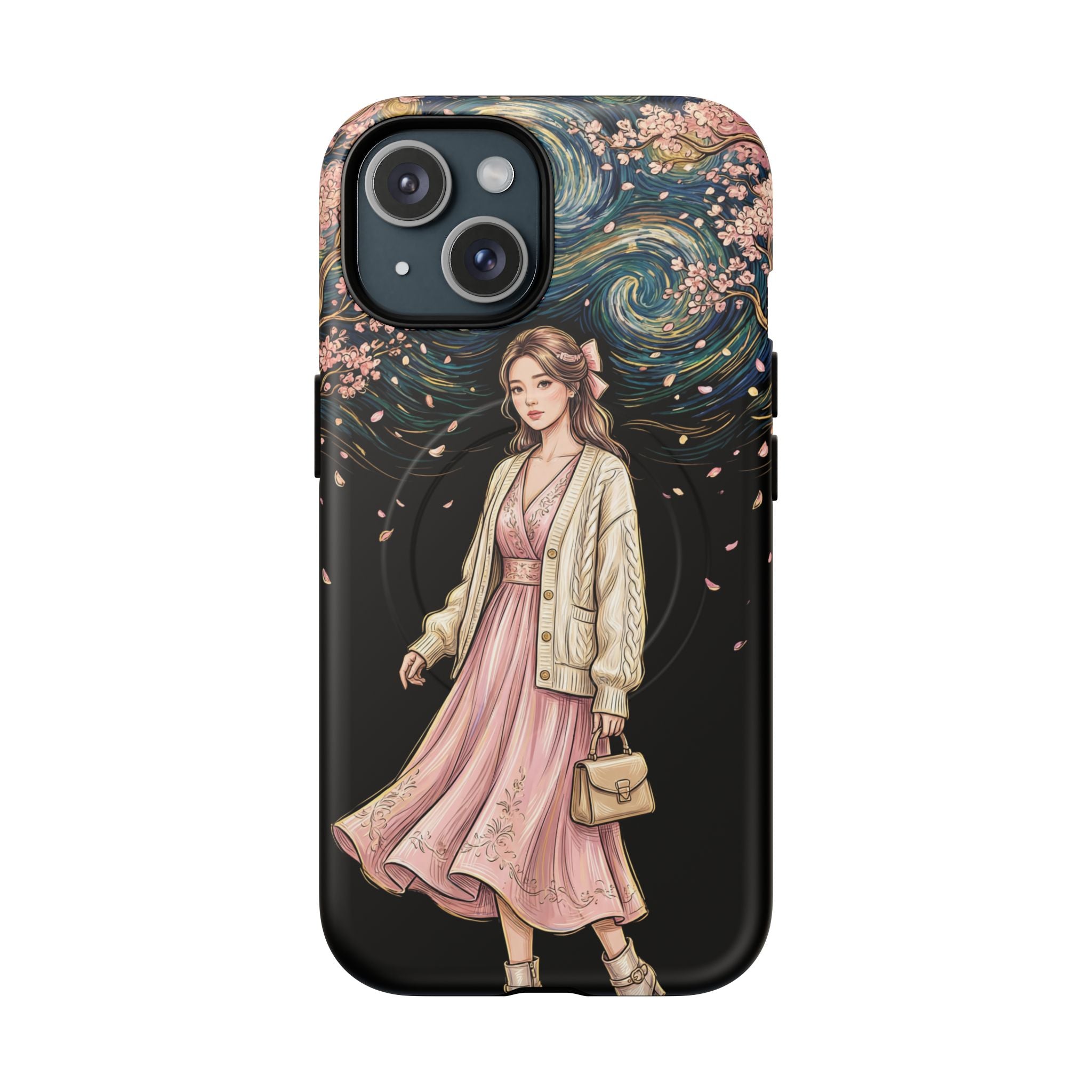 Floral Starry Night MagSafe iPhone Case | Elegant Girl in Pink Dress