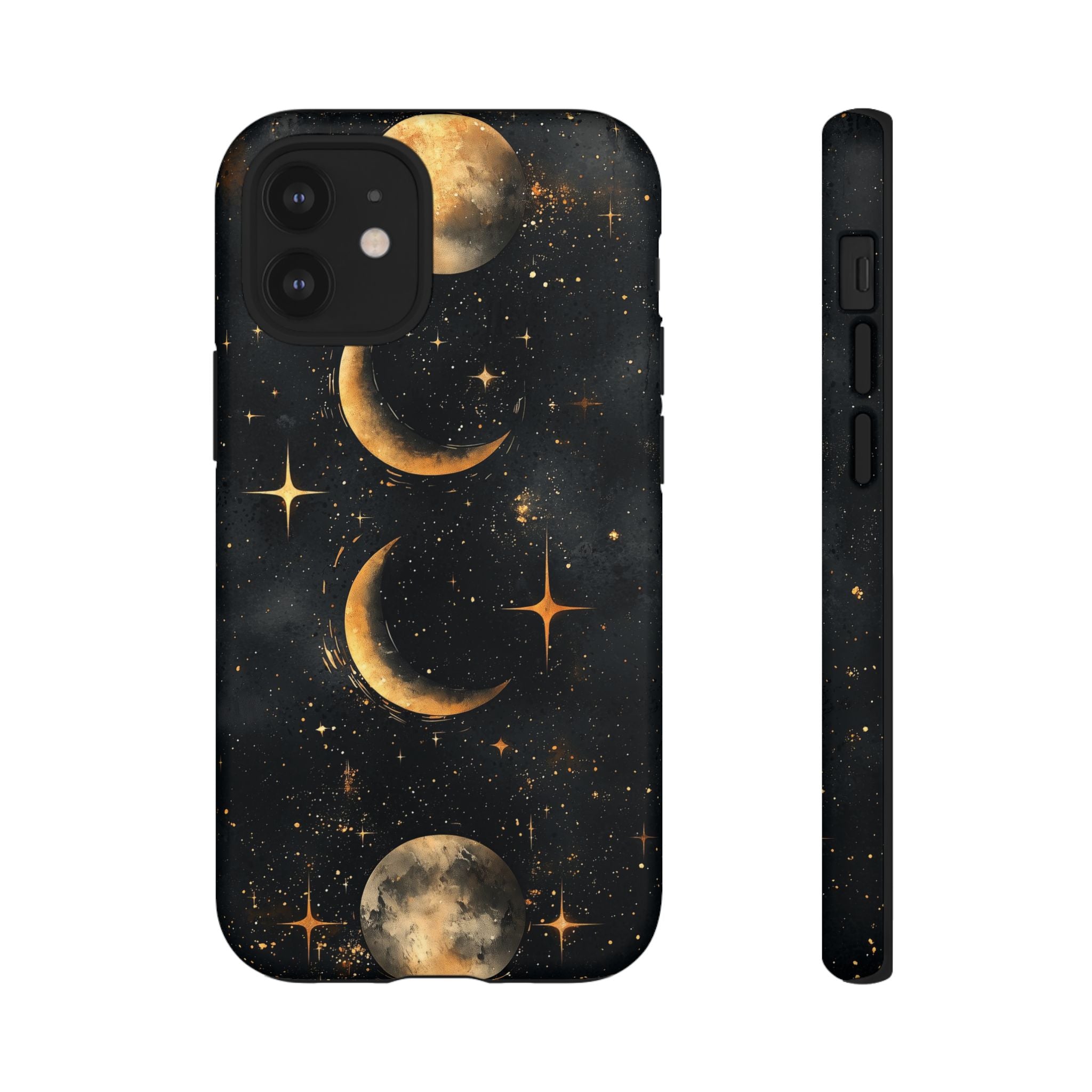 Celestial Moon Phases Tough iPhone Case | Gold Crescent & Full Moon Galaxy Design
