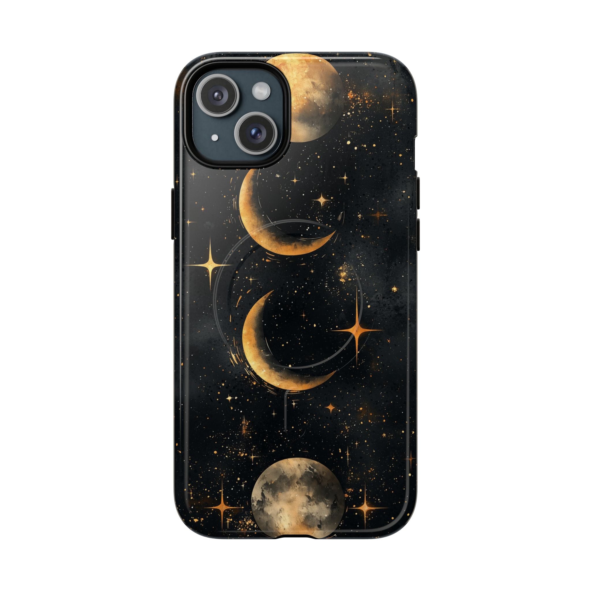 Custodia rigida MagSafe per iPhone con fasi lunari celestiali | Design a forma di galassia con mezzaluna dorata e luna piena