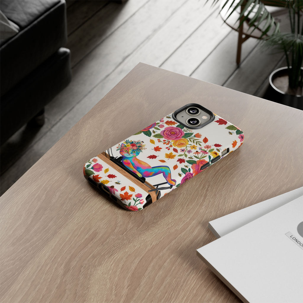 Autumn Floral Pilates iPhone Case | Colorful Rainbow Pilates Cat on Falling Leaves