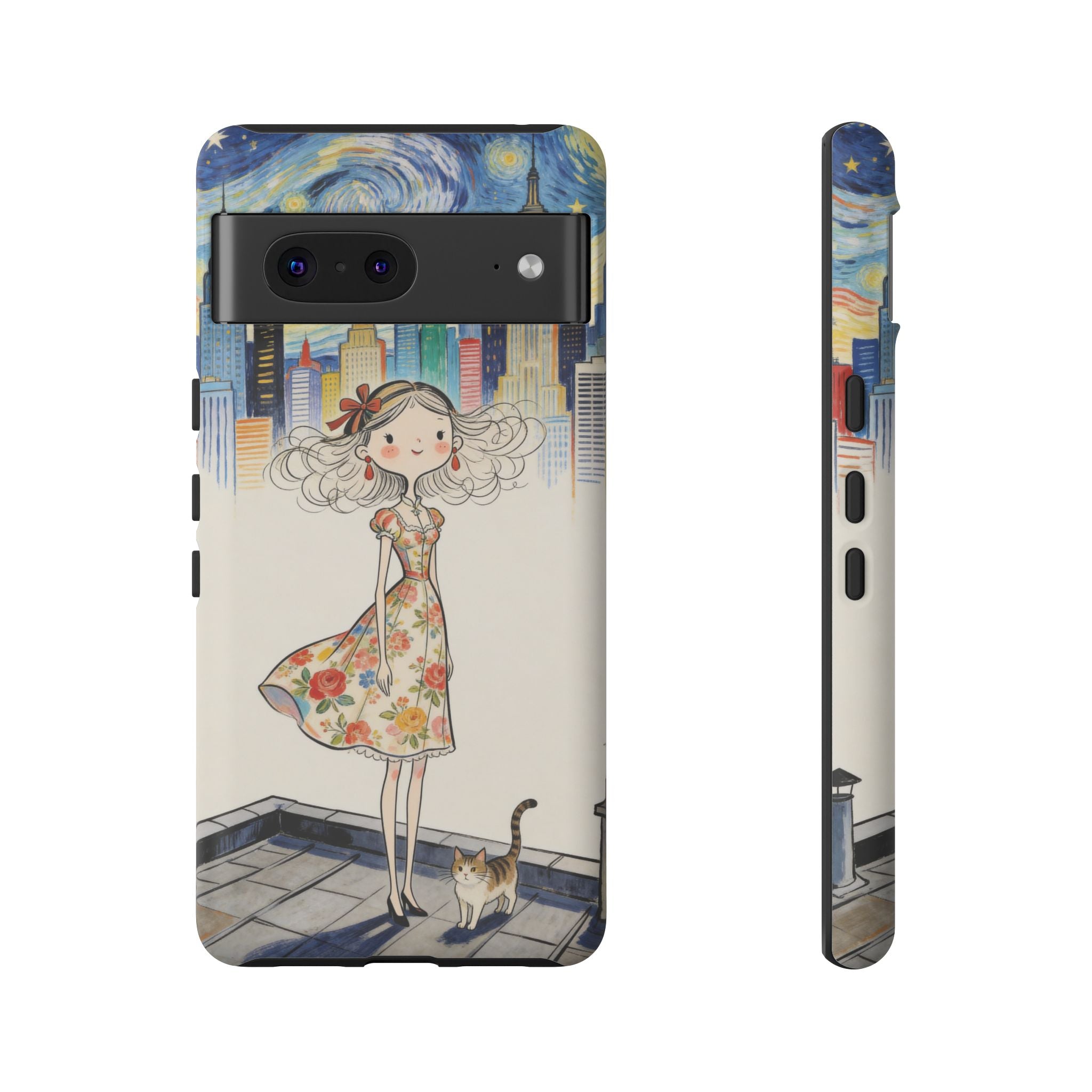 Artistic Girl Cityscape Google Pixel Phone Case | Cute Floral Dress Rooftop Design