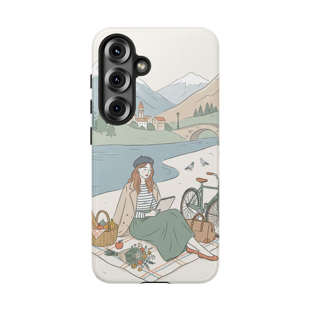 Scenic Picnic Samsung Galaxy Phone Case | Vintage Bicycle & Mountain Illustration