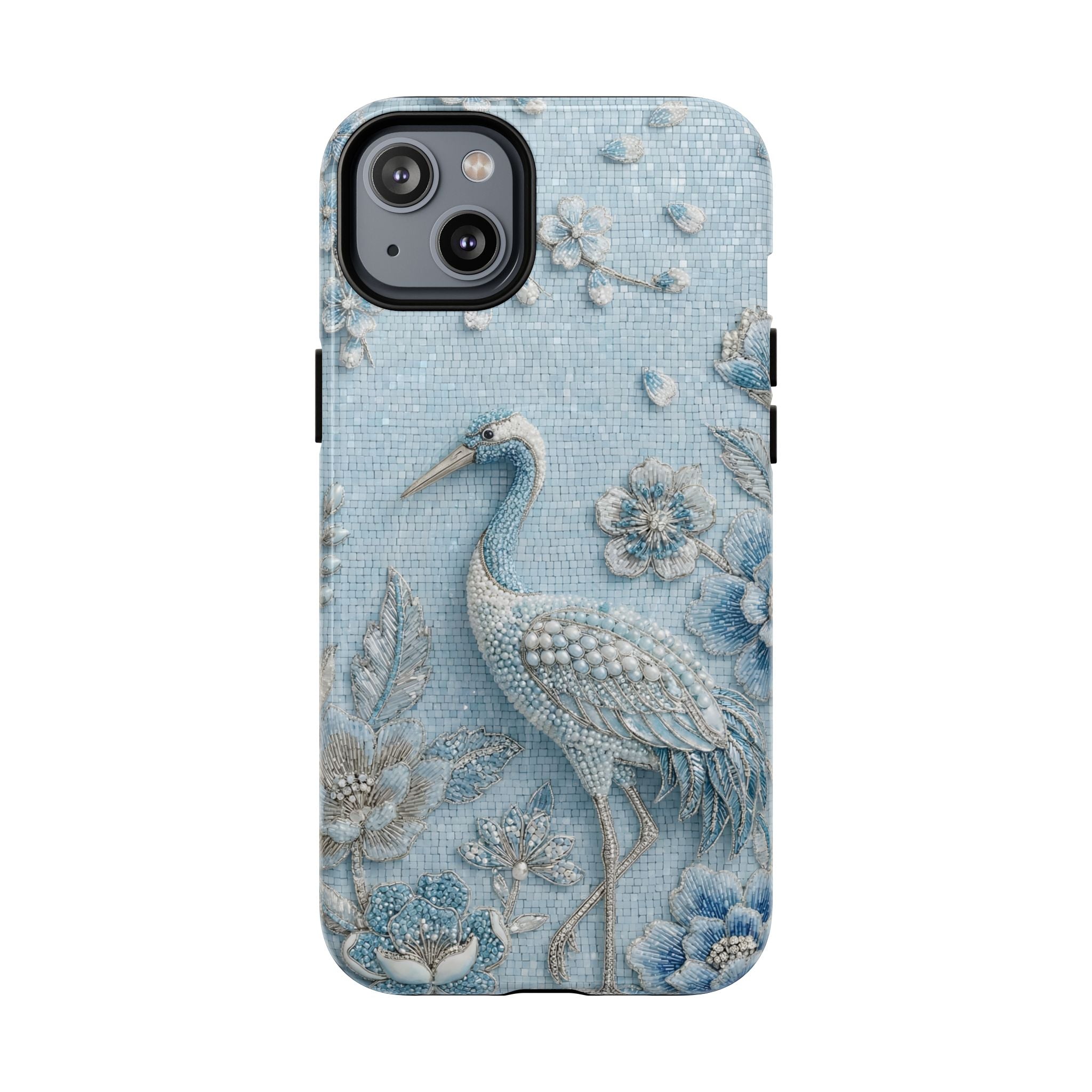Blue Crane Floral MagSafe iPhone Case | Vintage Embossed Bird Design