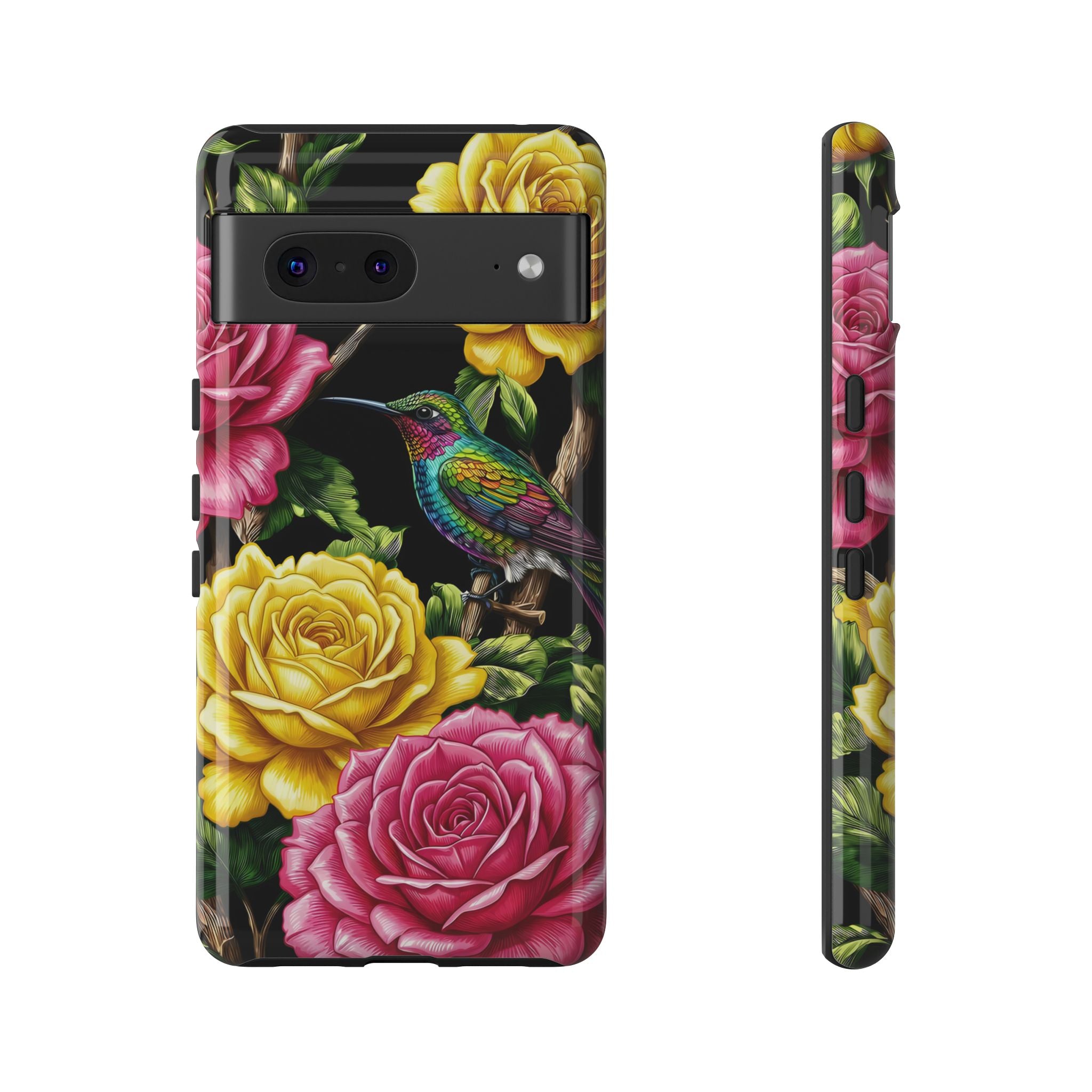 Floral Hummingbird Tough Google Pixel Phone Case | Vibrant Rose & Yellow Garden Protection