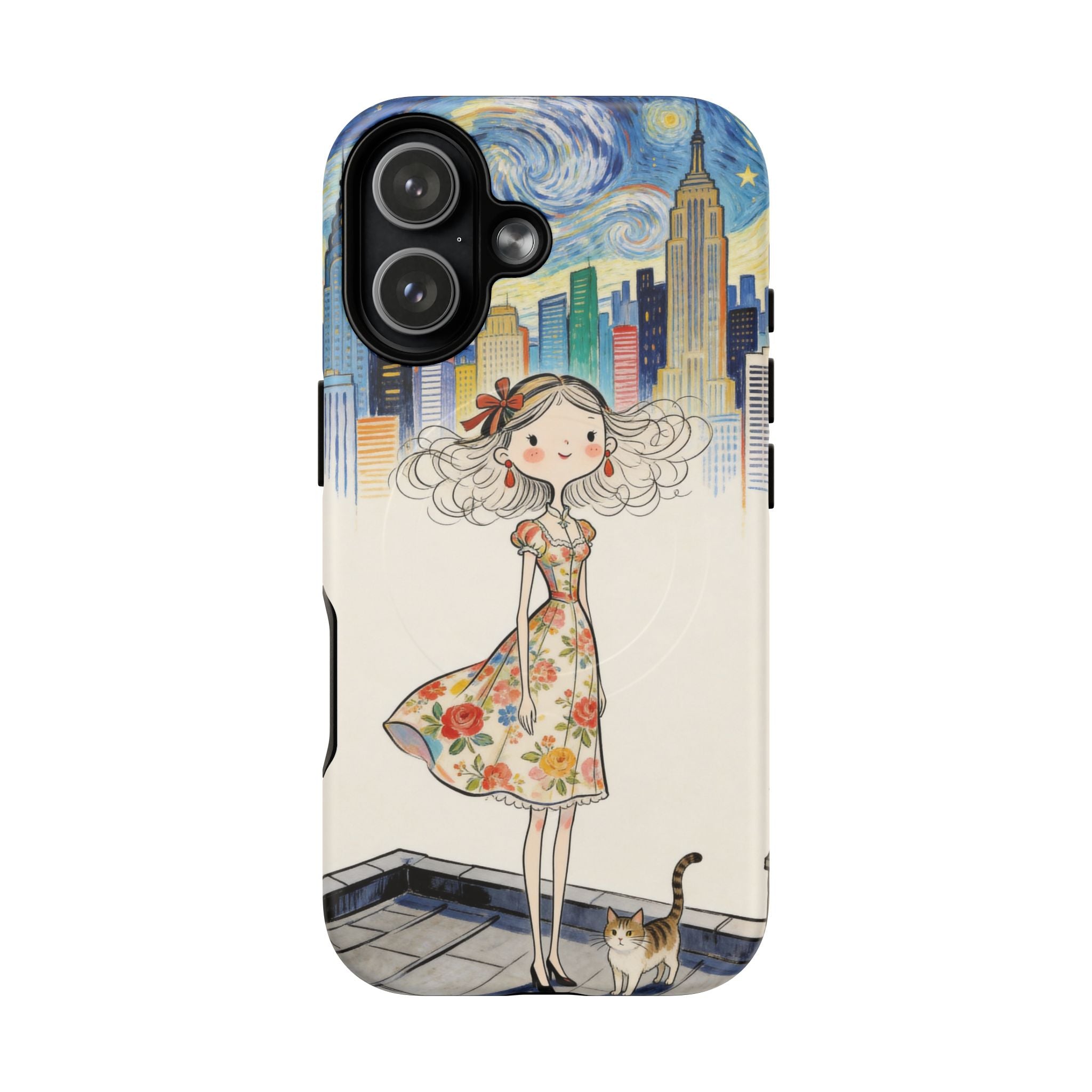 Artistic Girl Cityscape MagSafe iPhone Case | Cute Floral Dress Rooftop Design