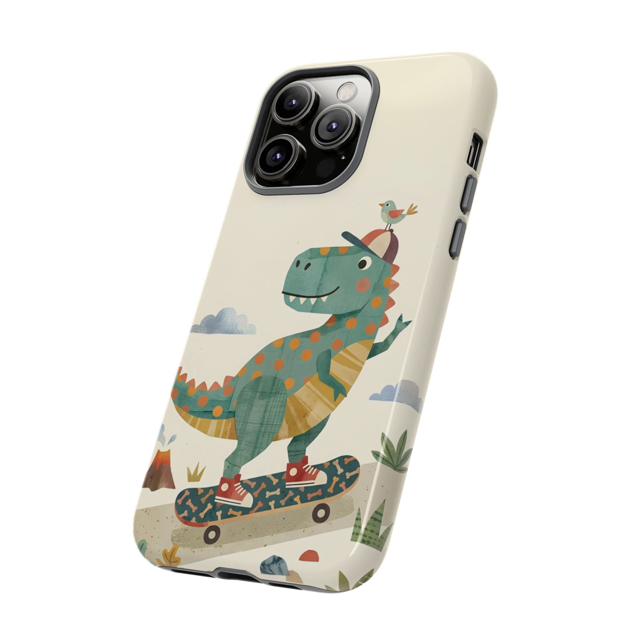 Cute Skateboarding Dinosaur Tough iPhone Case | Vintage Kid Aesthetic T Rex Cover