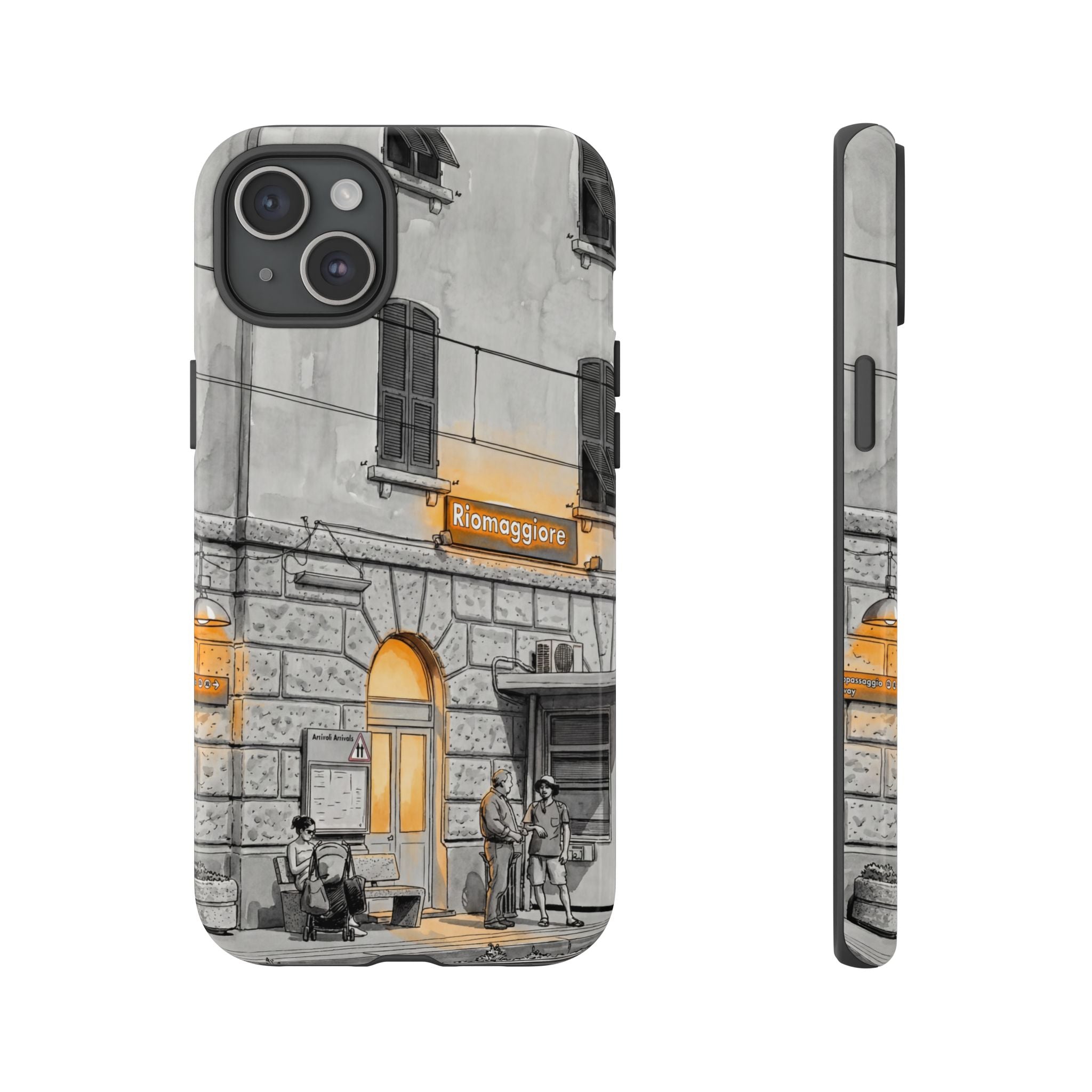 Cinque Terre Train Station iPhone Case | Black & White Sketch with Warm Yellow Accents