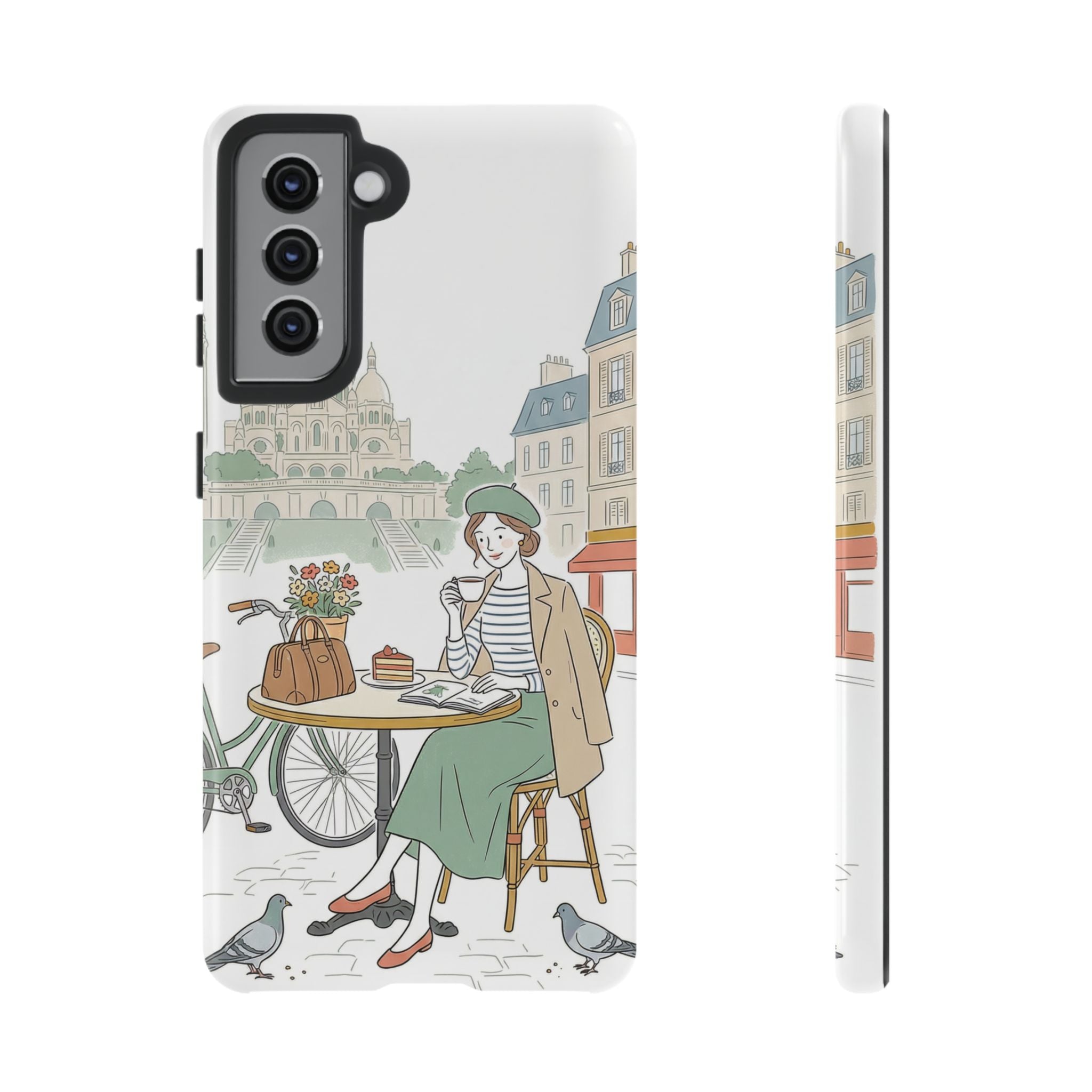 Paris Cafe Illustration Samsung Galaxy Phone Case | Vintage Bicycles & Pigeons Protective Cover