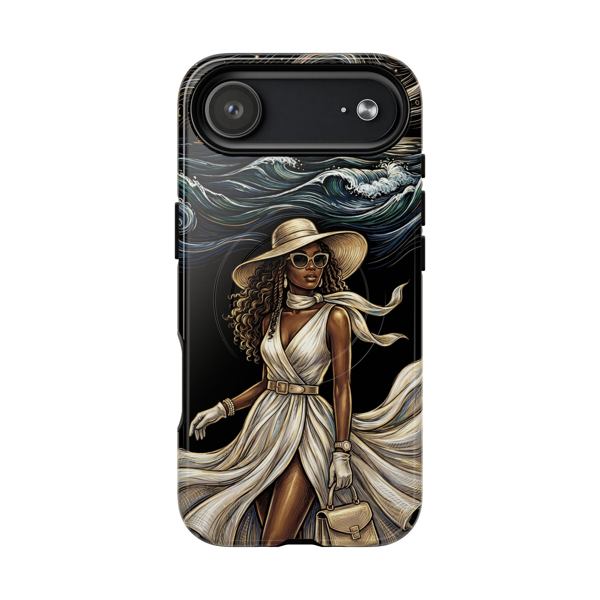 MagSafe iPhone Case | Elegant Black Woman in Flowing Dress by the Sea
