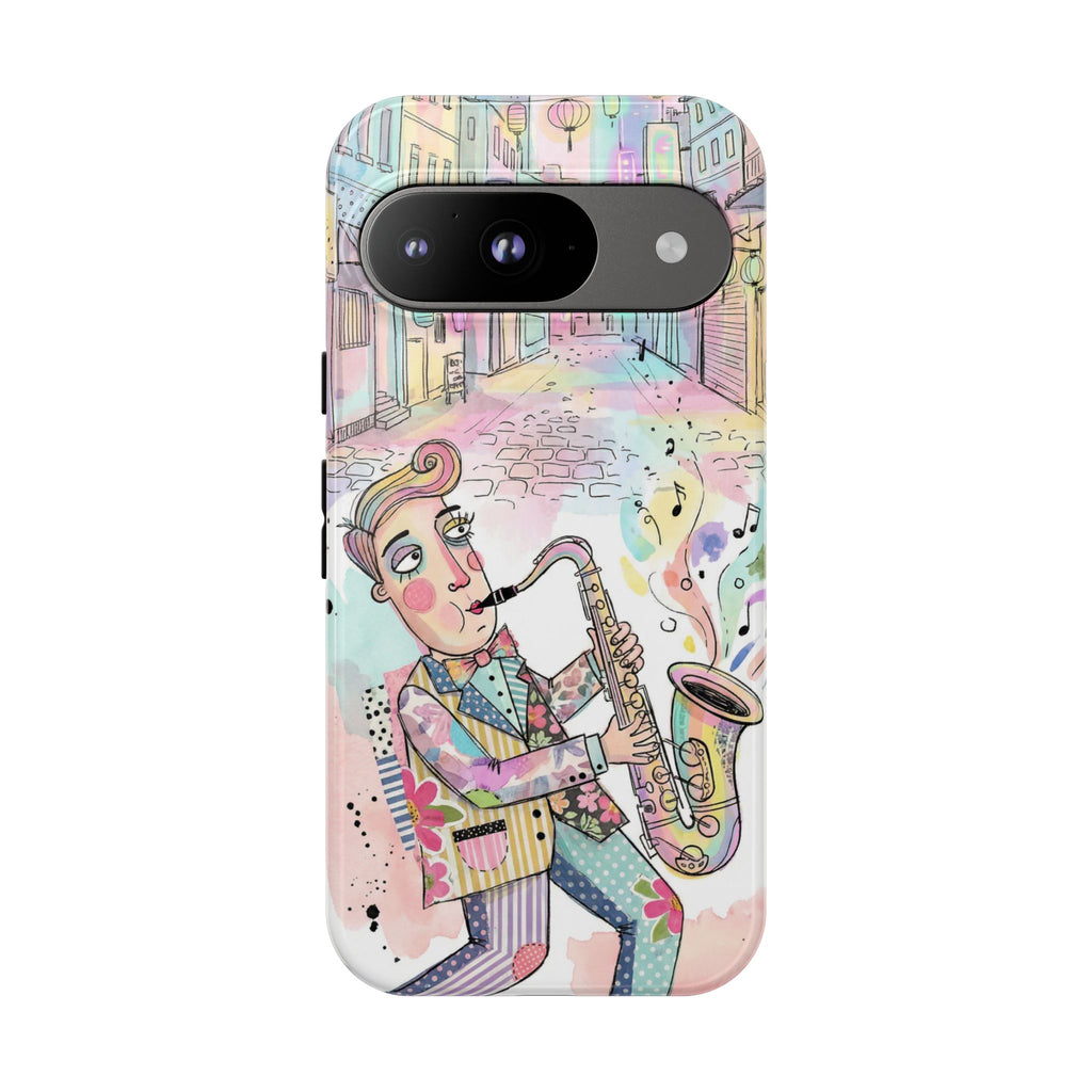 Custodia per telefono Google Pixel "Sax Player Art" | Illustrazione Jazz Stradale Pastello