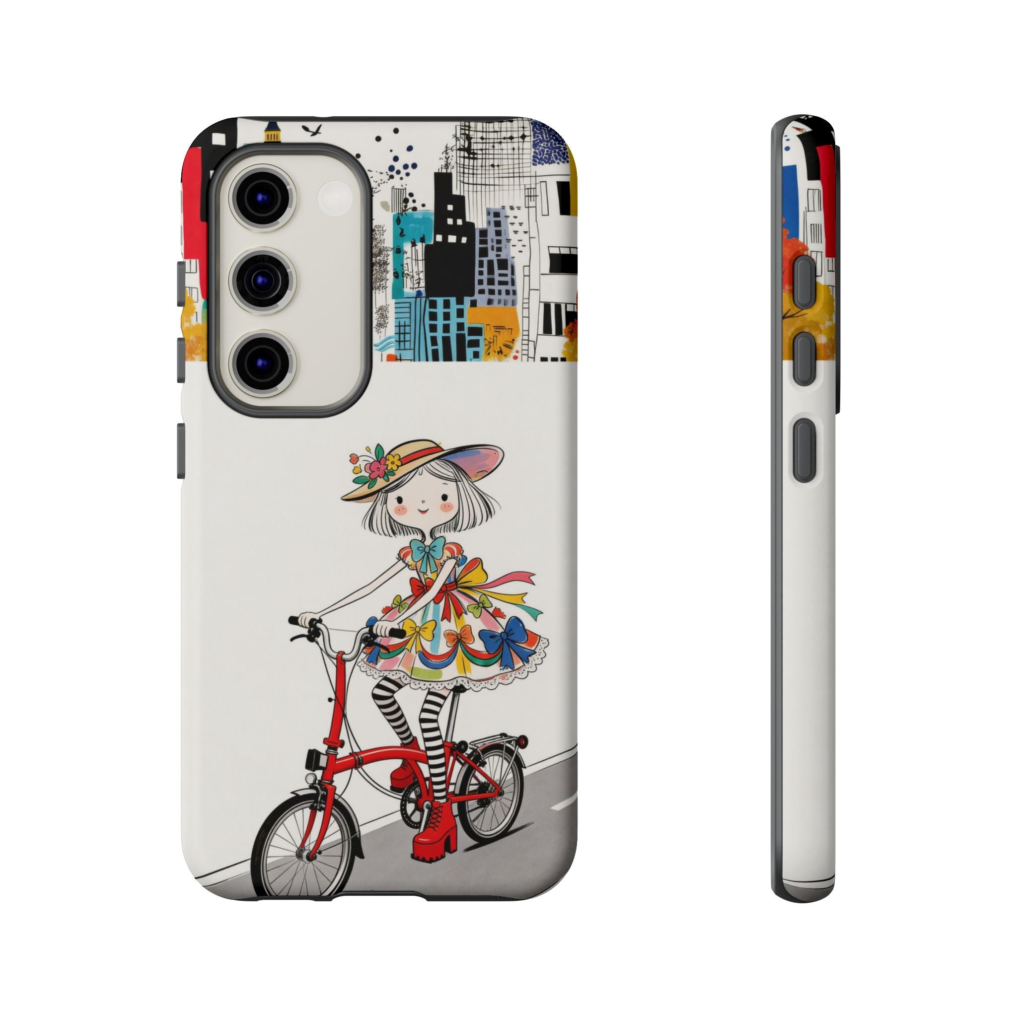 Whimsical Girl on Brompton Bicycle Urban Illustration Samsung Galaxy Phone Case