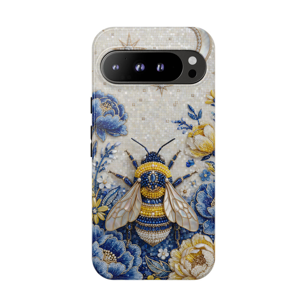 Custodia per telefono Google Pixel "Ape floreale" resistente | Design a giardino lunare blu e giallo