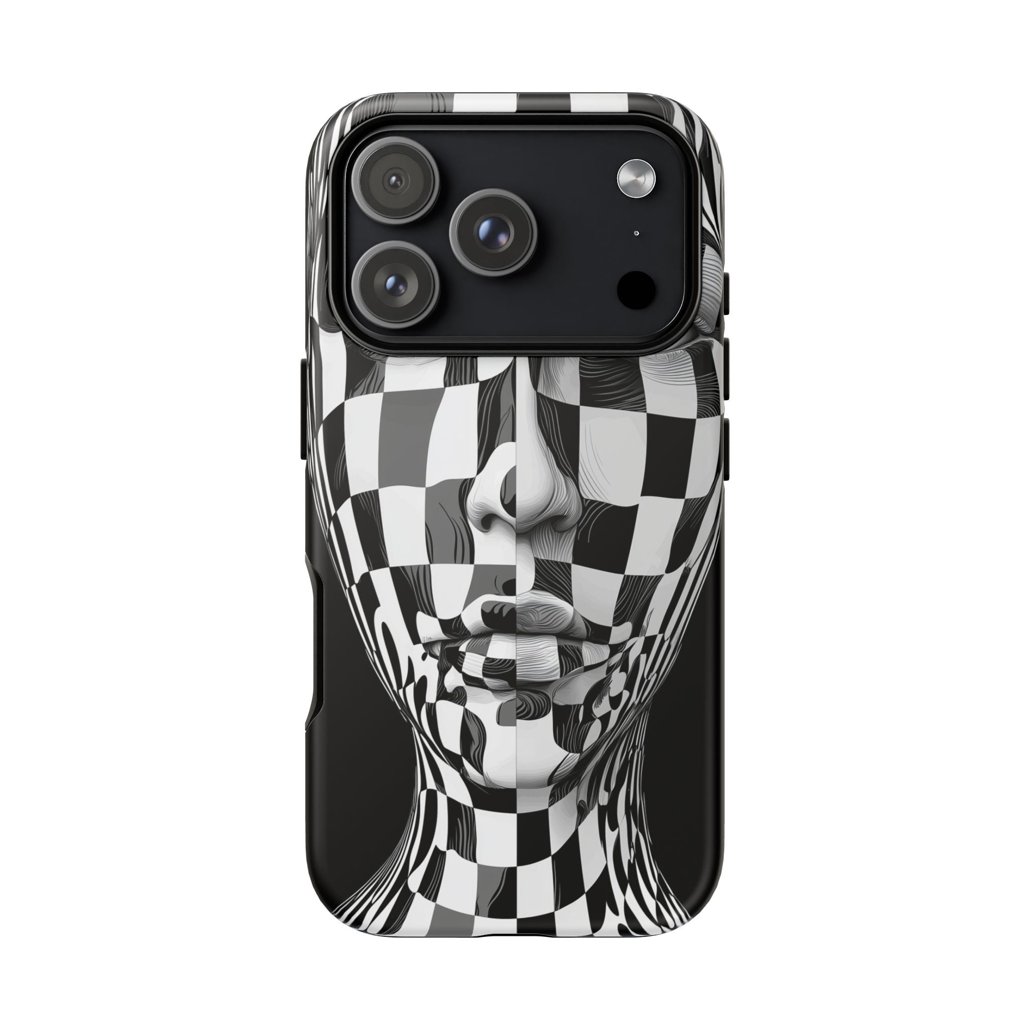 Checkerboard Face Tough iPhone Case — Black & White Surreal Art Protective Cover