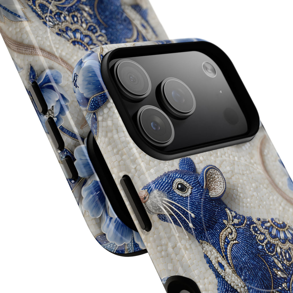 Cover MagSafe per iPhone con Ratto Zodiaco Cinese | Cover Protettiva Sottile per iPhone con Arte in Porcellana Blu e Bianca | Regalo Anno del Ratto