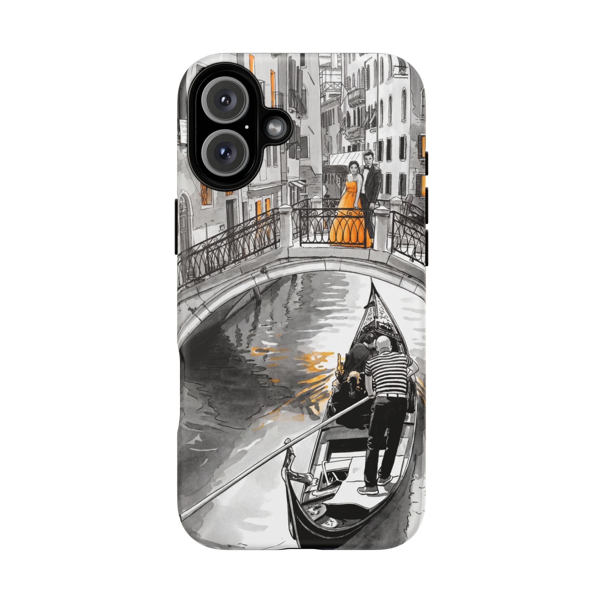 Custodia per iPhone Gondola di Venezia | Custodia MagSafe resistente con motivo schizzo in bianco e nero e dettagli dorati