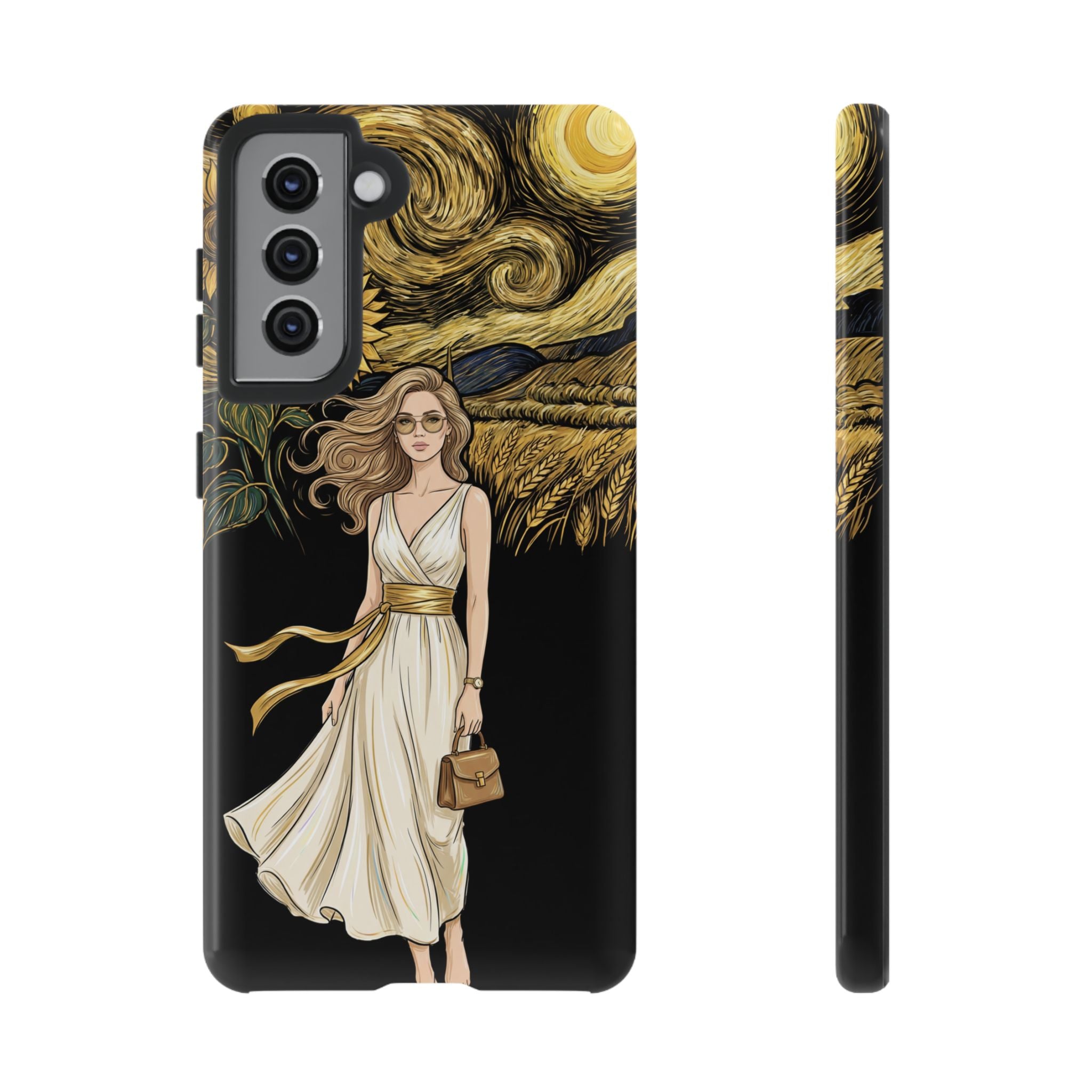 Sunflower Night Samsung Galaxy Phone Case | Woman in Flowing Dress Van Gogh Style