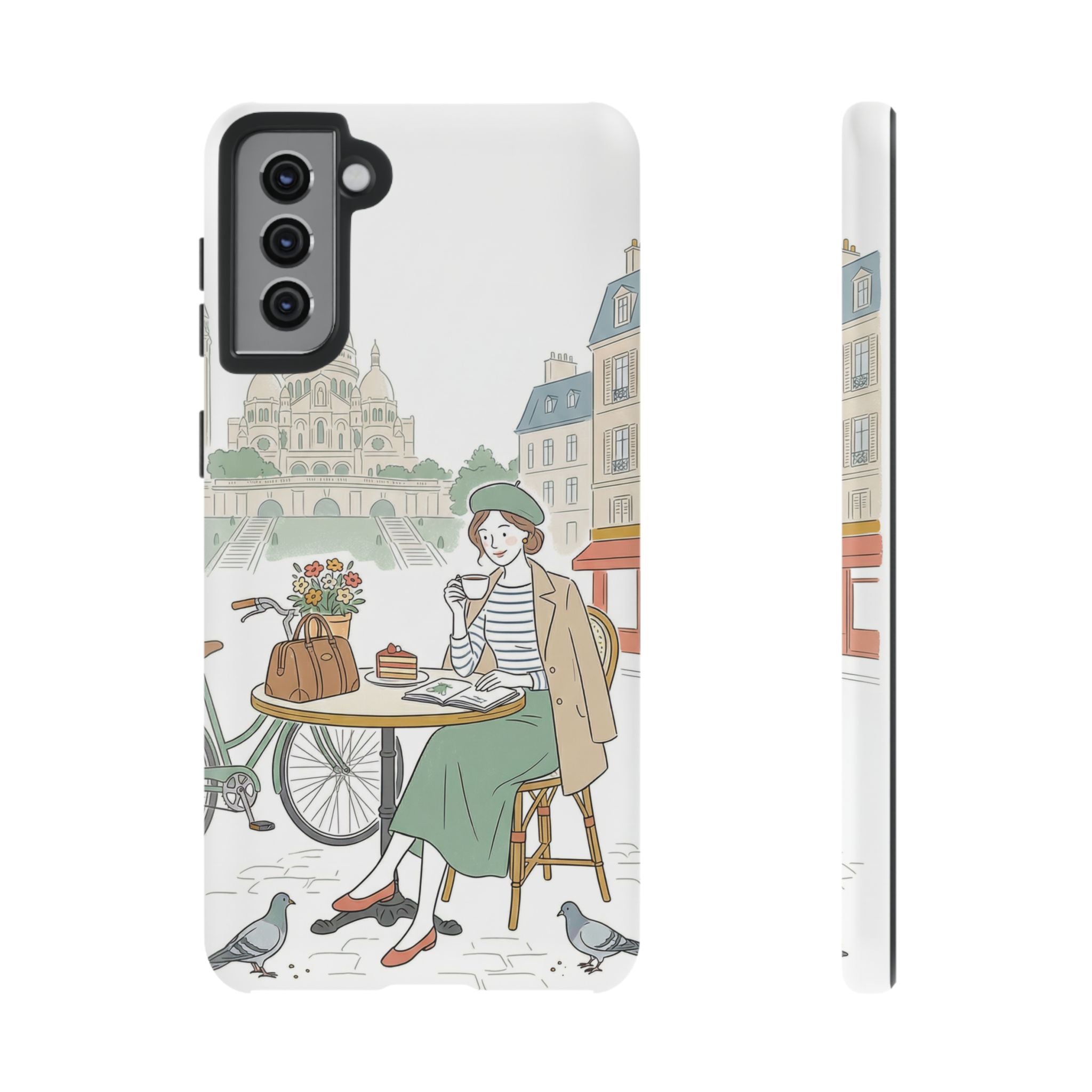Paris Cafe Illustration Samsung Galaxy Phone Case | Vintage Bicycles & Pigeons Protective Cover