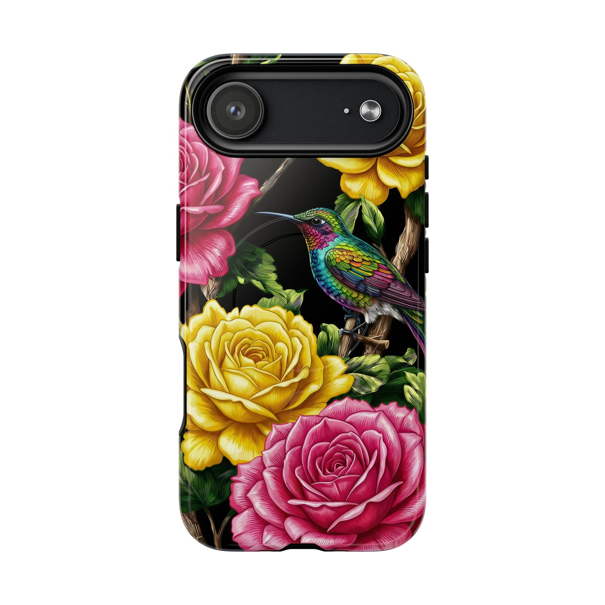 Floral Hummingbird Tough MagSafe iPhone Case | Vibrant Rose & Yellow Garden Protection