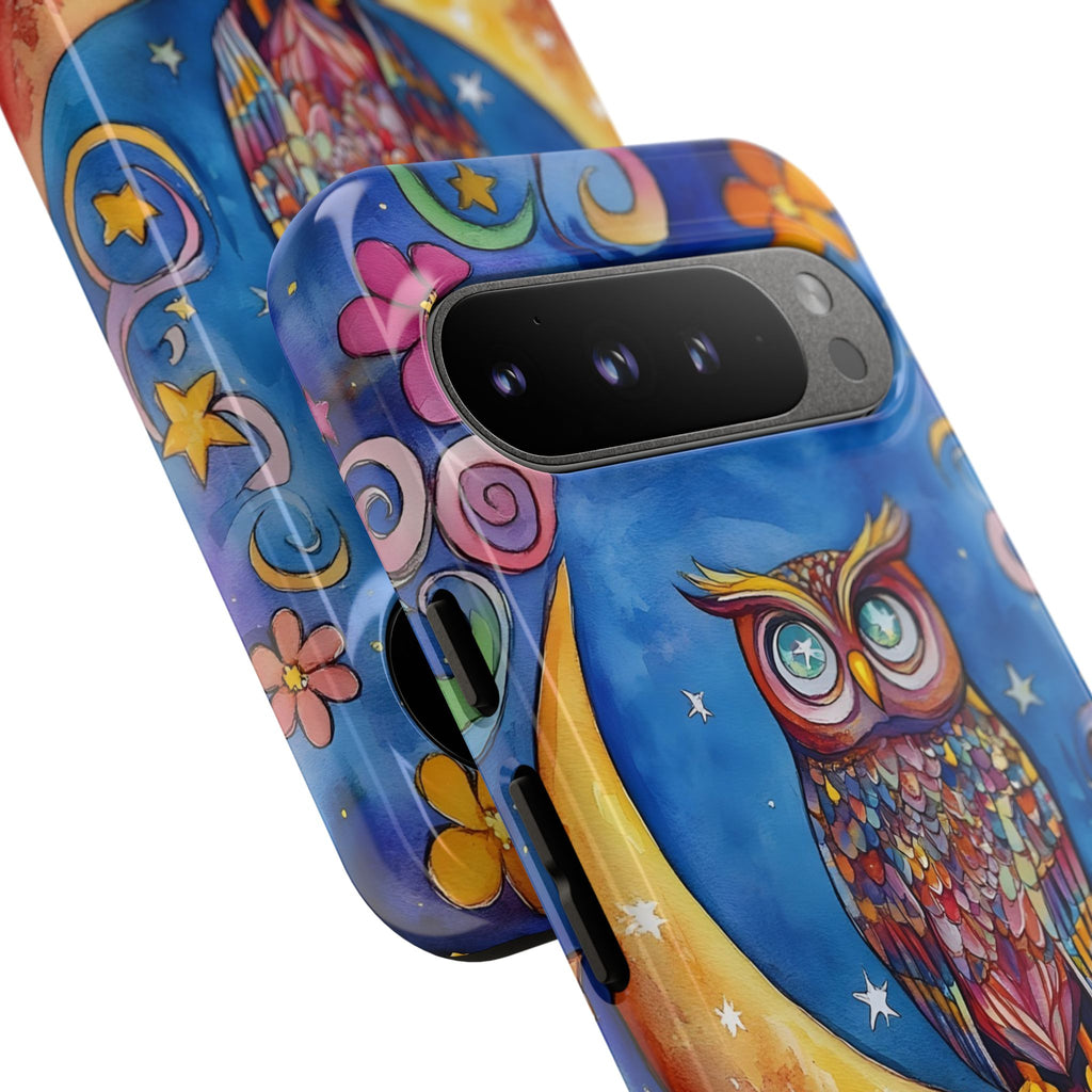 Owl on Crescent Moon Google Pixel Case — Colourful Whimsical Night Sky Design
