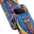 Owl on Crescent Moon Google Pixel Case — Colourful Whimsical Night Sky Design