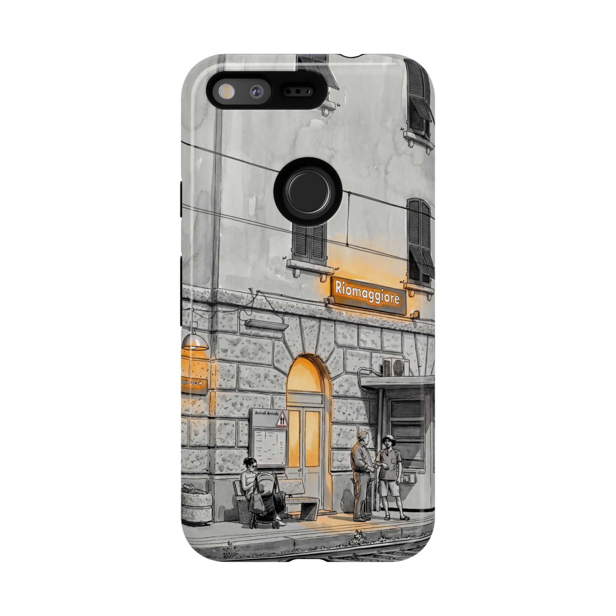Cinque Terre Train Station Google Pixel Case | Black & White Sketch with Warm Yellow Accents