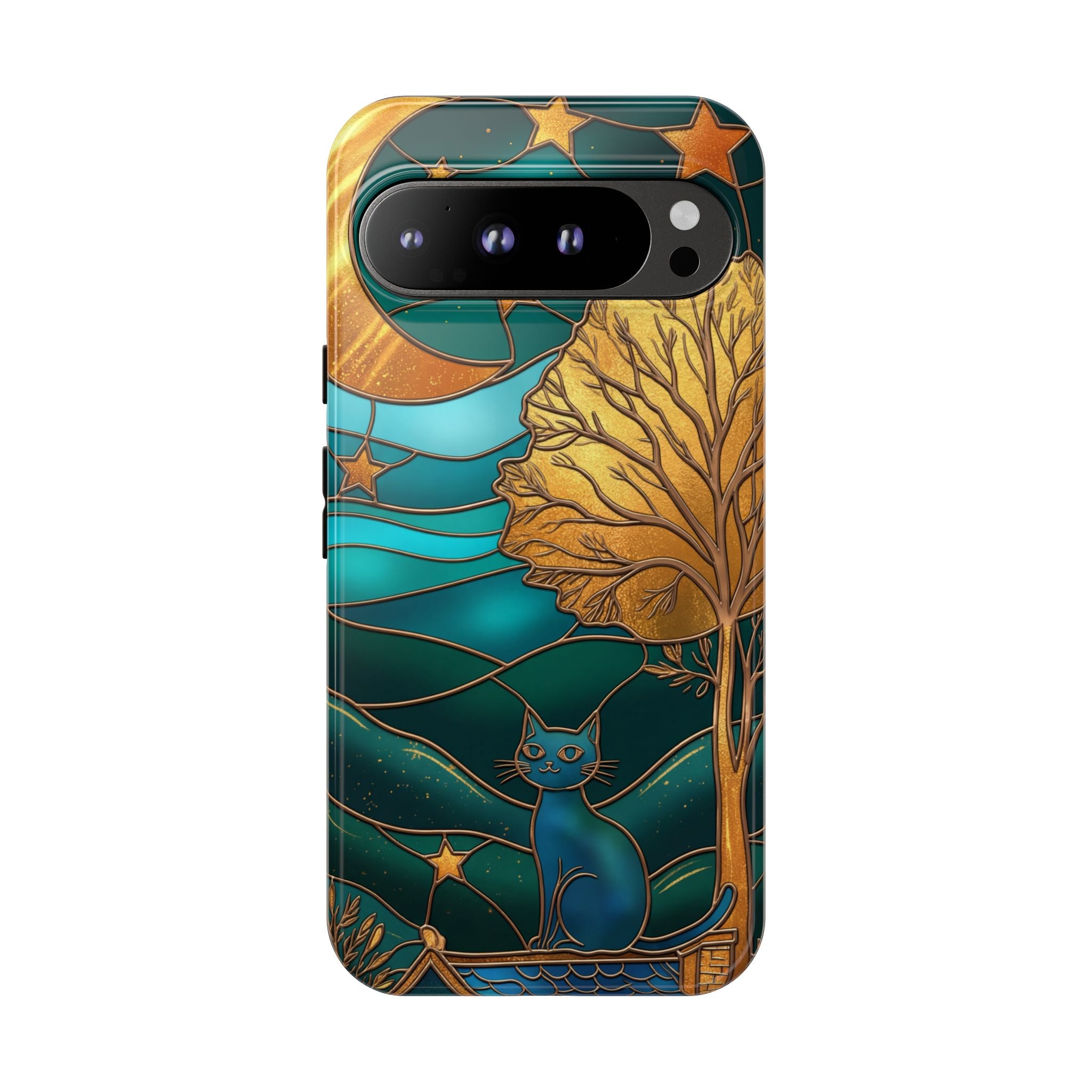 Stained Glass Night Cat Google Pixel Case | Teal & Gold Art Deco Protection