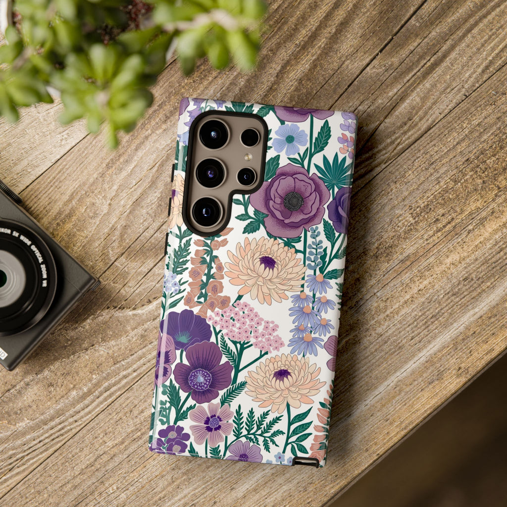 Floral Purple Garden Phone Case — Protective Phone Cover with Lavender & Peach Blooms