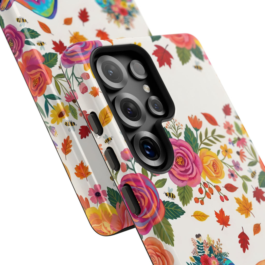 Autumn Floral Pilates Samsung Galaxy Phone Case | Colorful Rainbow Pilates Figure on Falling Leaves