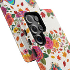 Autumn Floral Pilates Samsung Galaxy Phone Case | Colorful Rainbow Pilates Figure on Falling Leaves