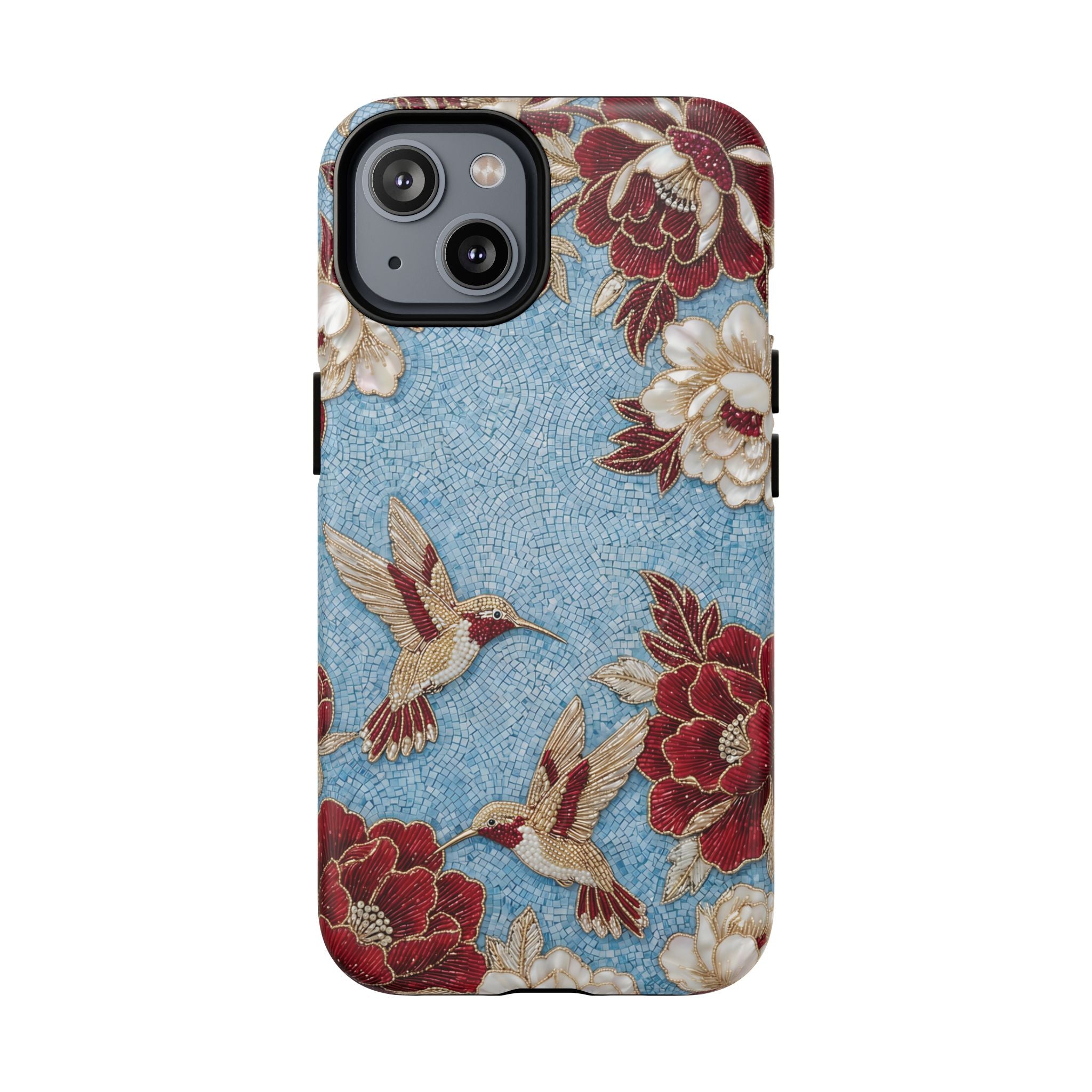 Floral Hummingbird Tough MagSafe iPhone Case | Vintage Blue & Burgundy Botanical Design