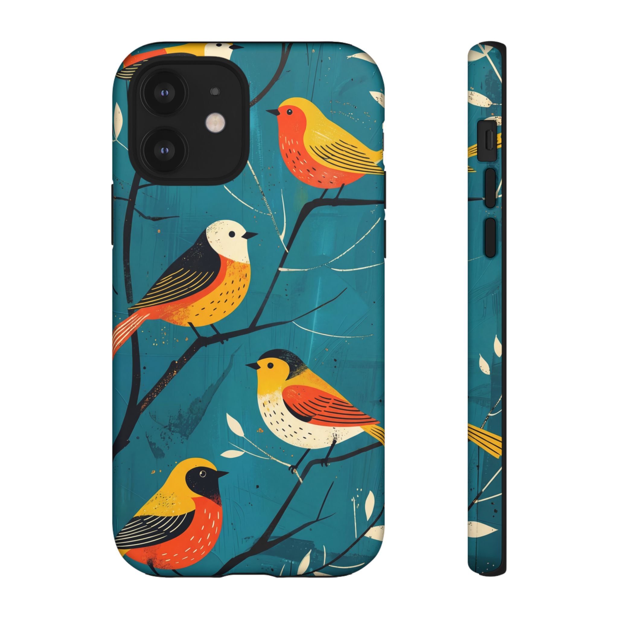 Bird Pattern Tough iPhone Case | Colourful Songbirds on Teal Background
