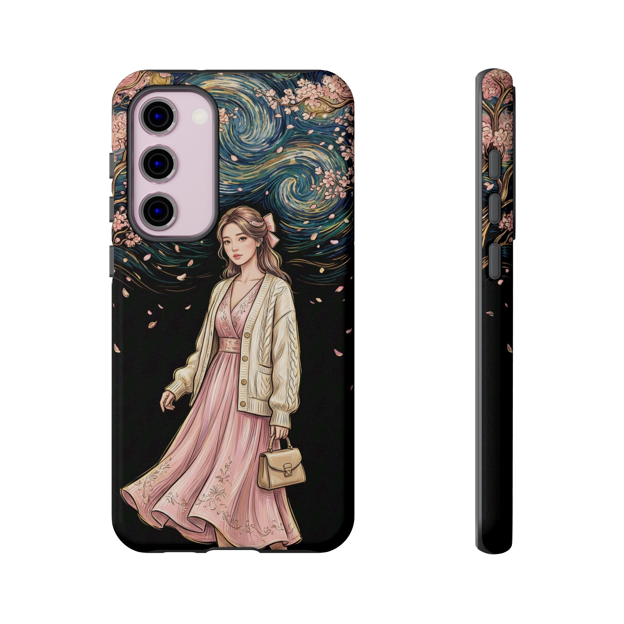 Floral Starry Night Samsung Galaxy Phone Case | Elegant Girl in Pink Dress