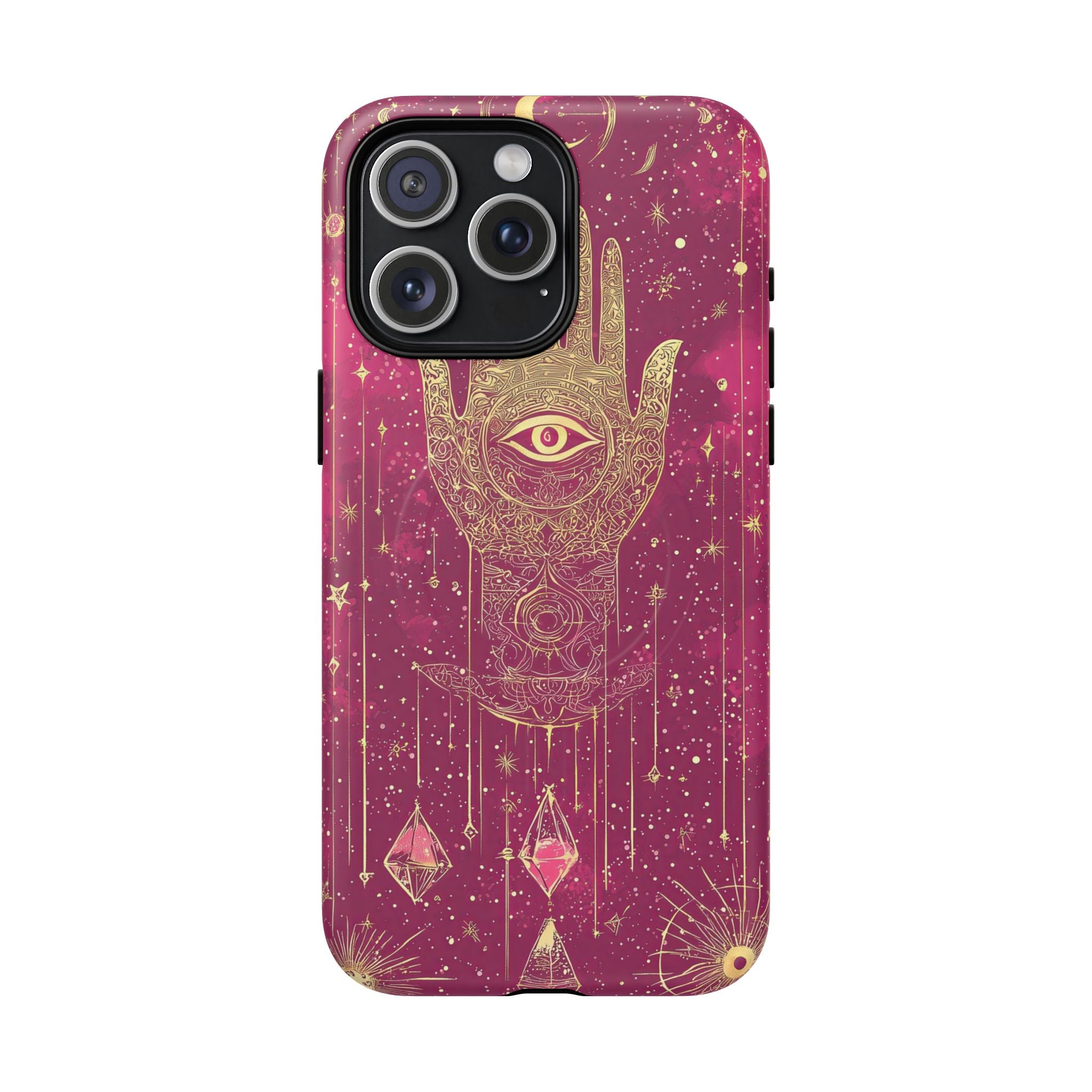 Custodia MagSafe per iPhone Mystic Hamsa | Palma dorata e occhio onniveggente su galassia magenta