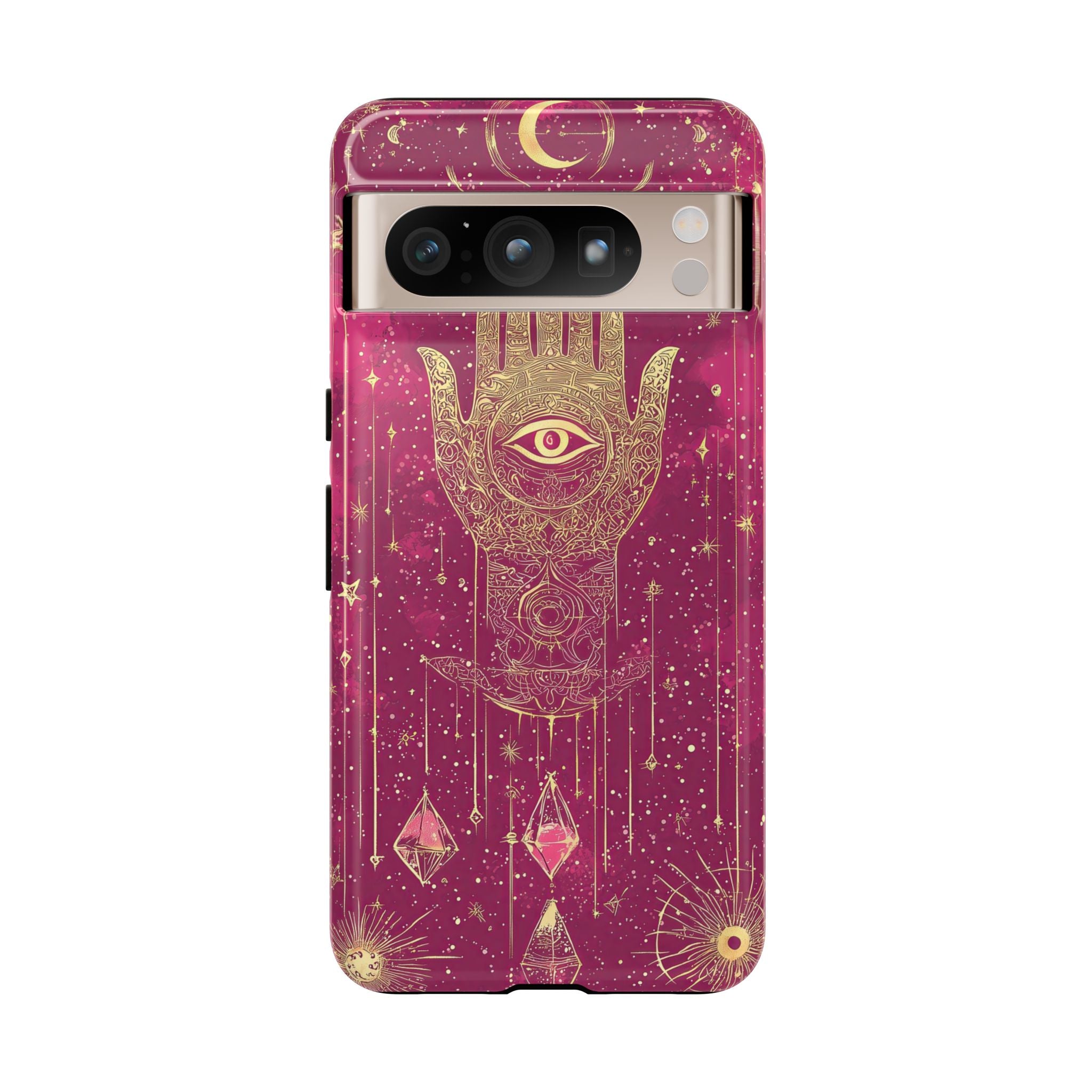Mystic Hamsa Google Pixel Case | Gold Palm & All-Seeing Eye on Magenta Galaxy