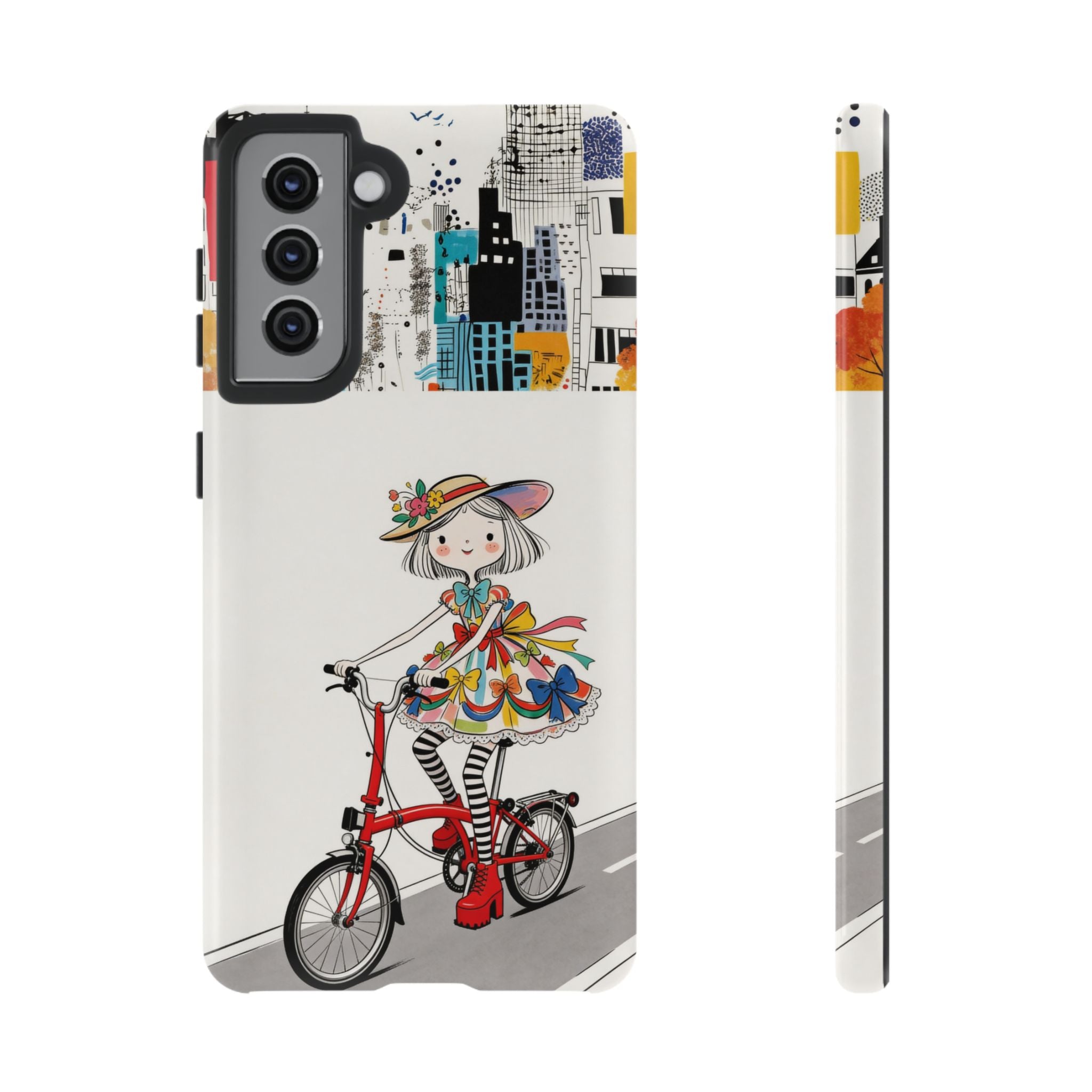 Whimsical Girl on Brompton Bicycle Urban Illustration Samsung Galaxy Phone Case