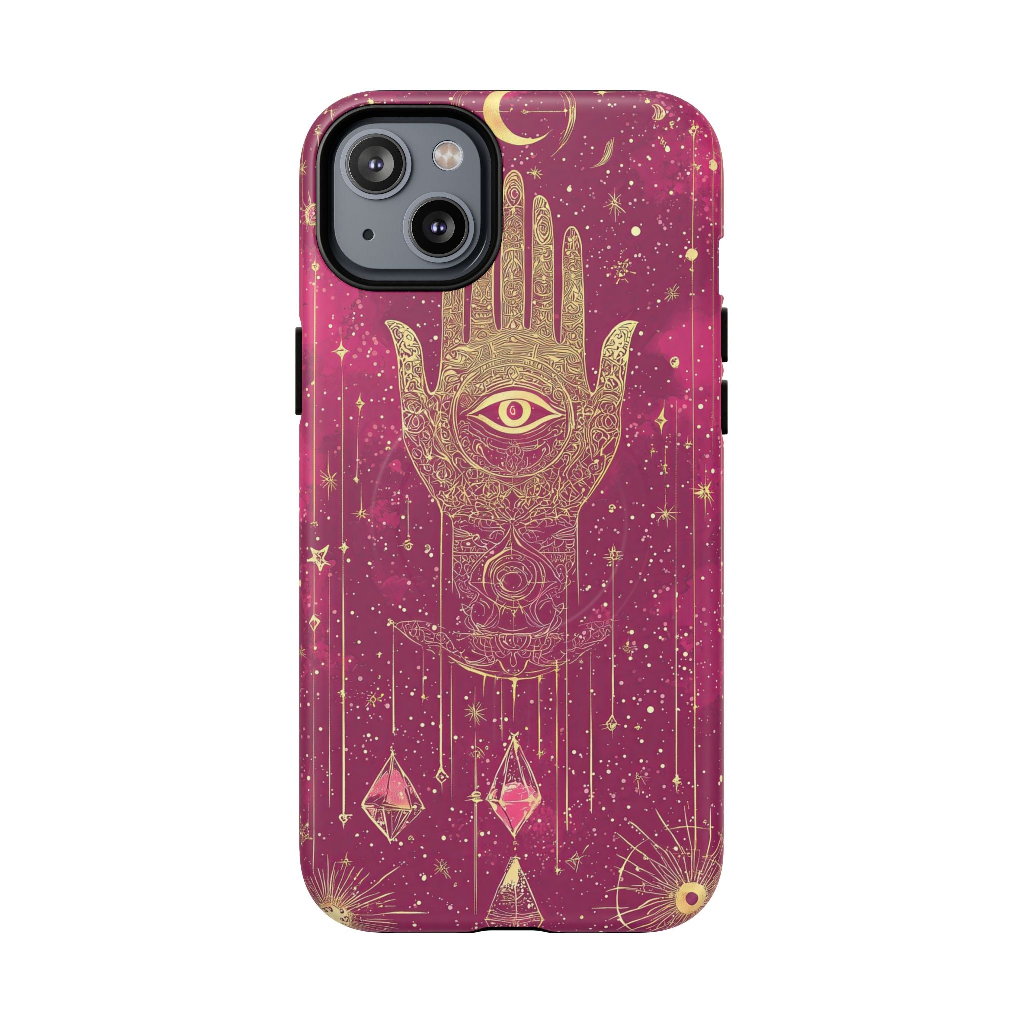 Custodia MagSafe per iPhone Mystic Hamsa | Palma dorata e occhio onniveggente su galassia magenta