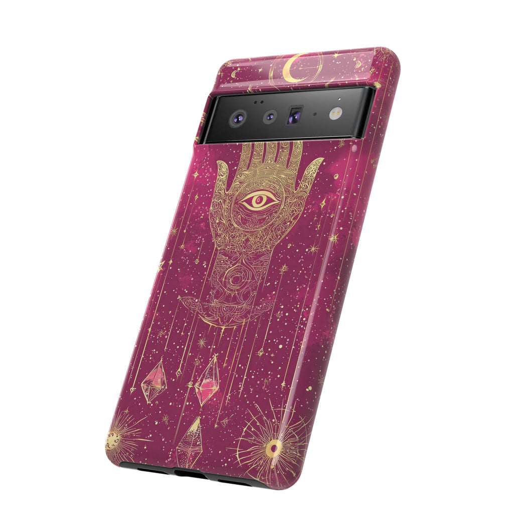 Mystic Hamsa Google Pixel Case | Gold Palm & All-Seeing Eye on Magenta Galaxy