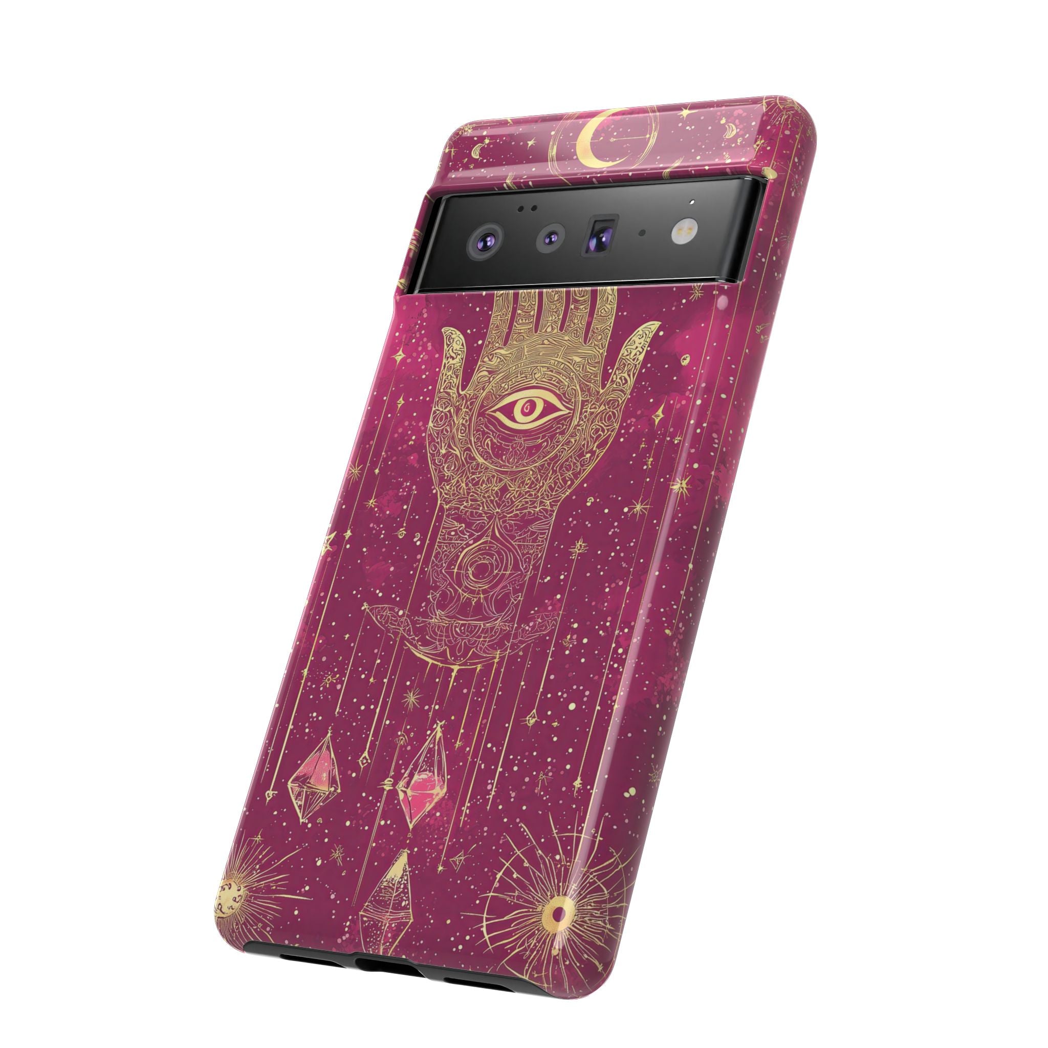 Mystic Hamsa Google Pixel Case | Gold Palm & All-Seeing Eye on Magenta Galaxy